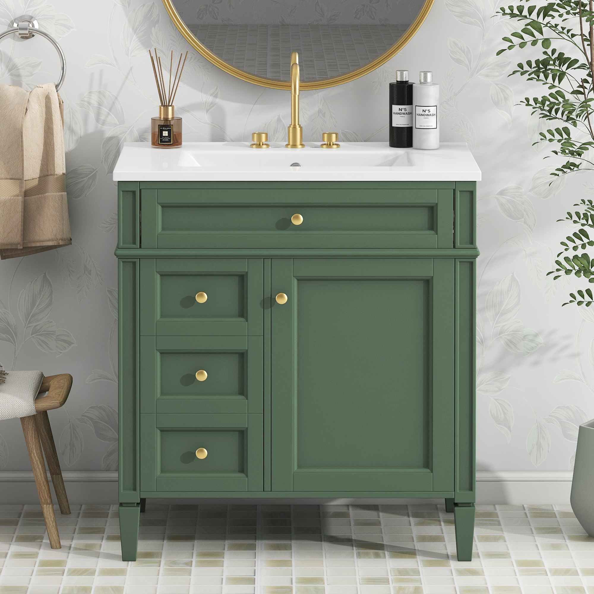 30'' Bathroom Vanity With Top Sink, Modern Bathroom Storage Cabinet With 2 Drawers And A Tip-out Drawer, Single Sink Bathroom Vanity