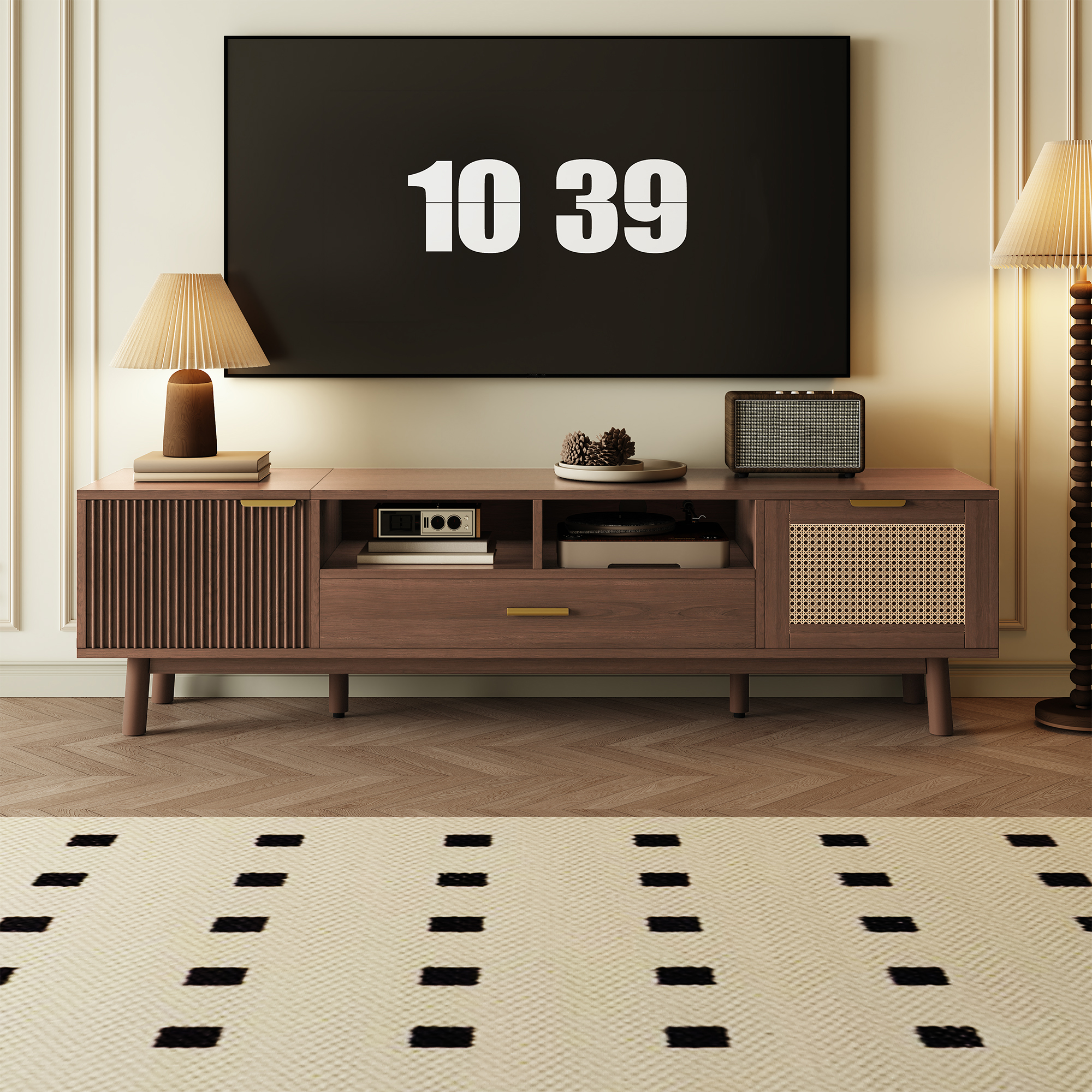 Wood Fashionable TV Stand For 75 TVs, TV Cabinet With Soft-Closing Door And Drop-Down Door Cabinet, Modern TV Consoles For Living Room, Bedroom