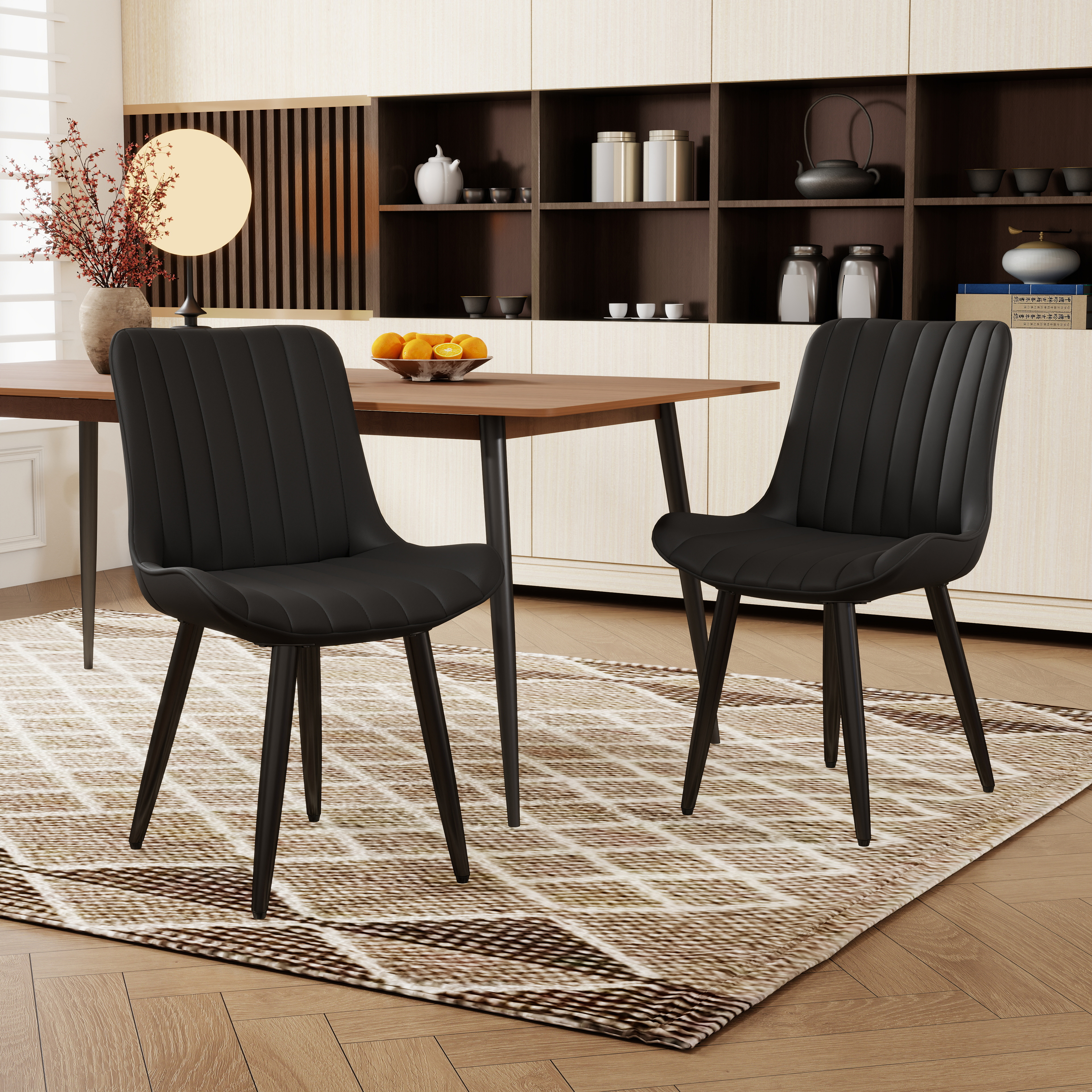 Set Of 2 Modern PU Leather Dining Chairs With Thick Cushions & Metal Legs, Armless Faux Leather Side Chairs For Kitchen, Dining Room