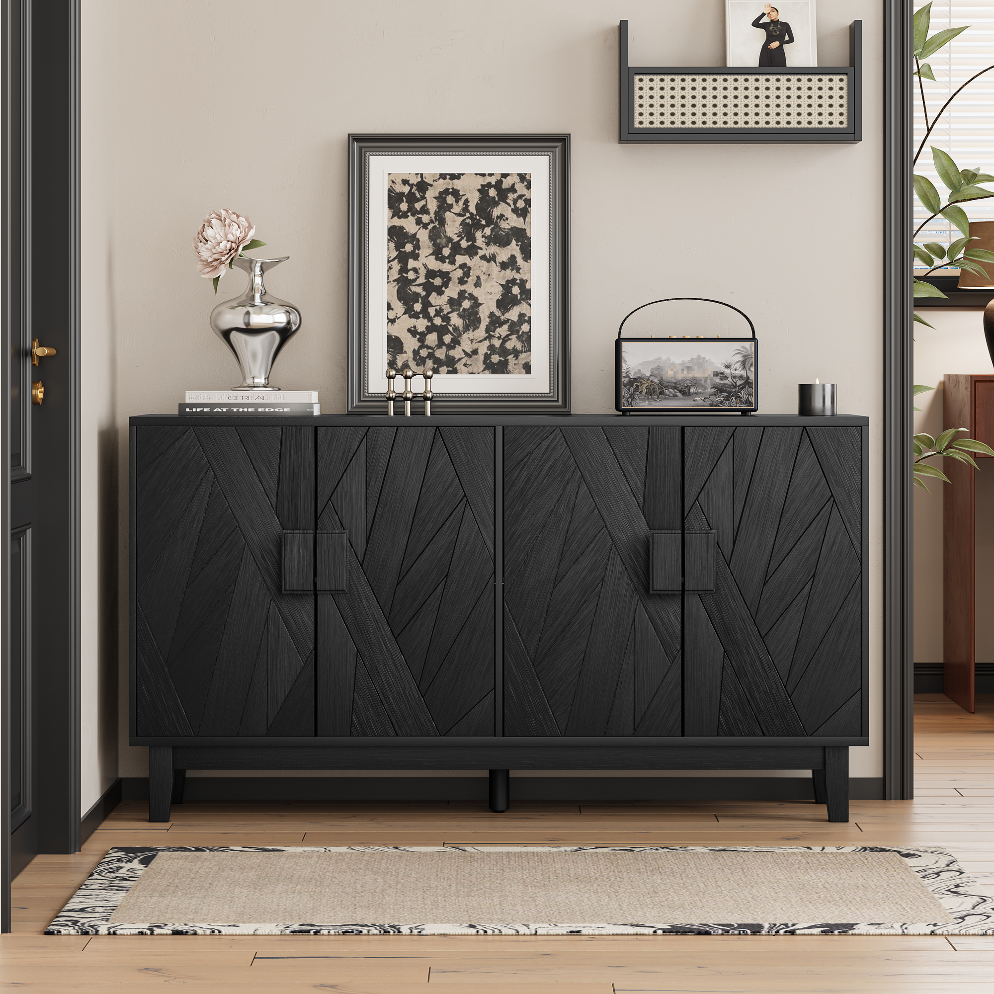 Modern Style Buffet Cabinet, Storage Side Cabinet Buffet Cabinet, Medieval Modern Multifunctional Decorative Cabinet Suitable For Living Room, Dining Room, Entrance, Corridor, Kitchen, Black
