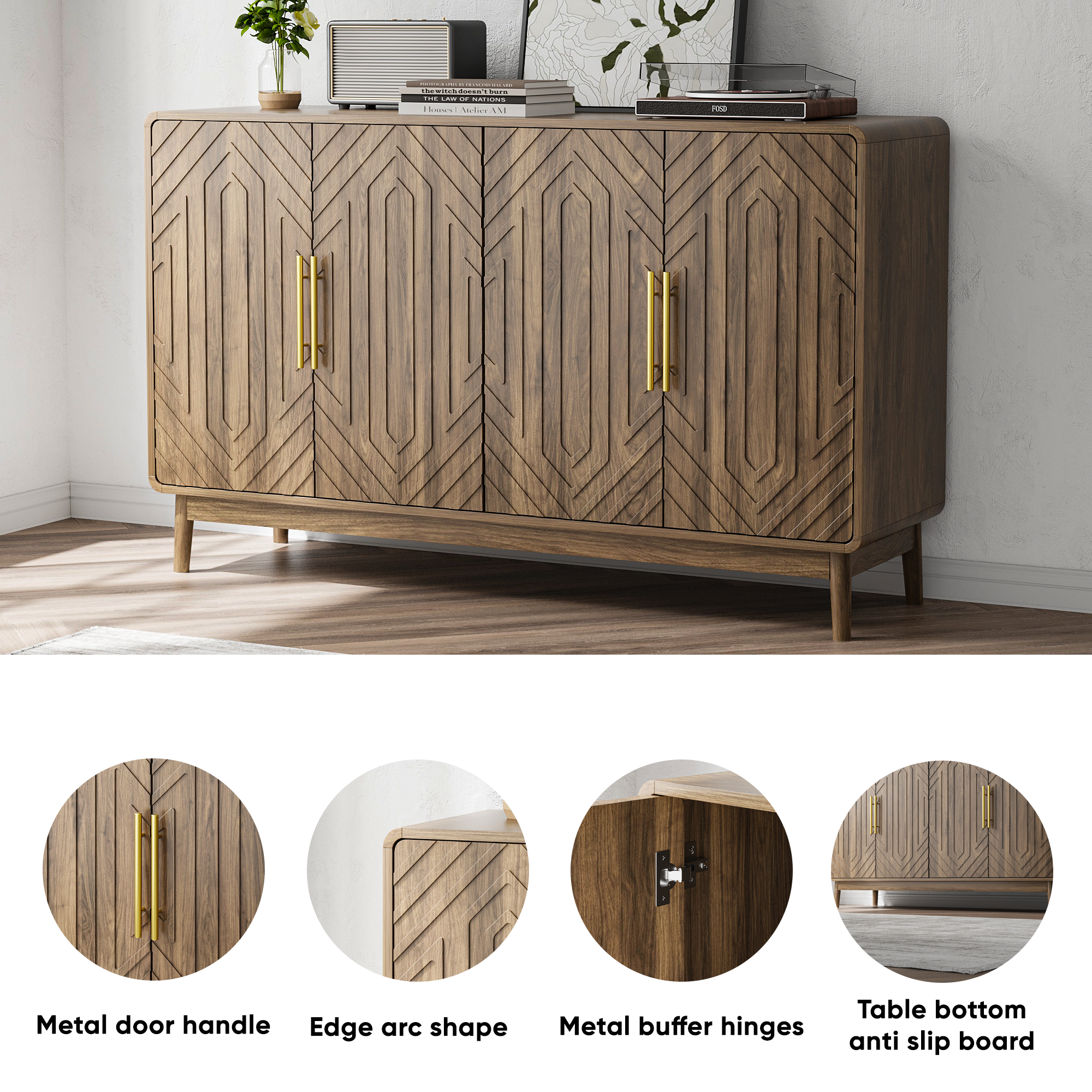 Sideboard Buffet Cabinet With Storage ,Carved 4 Door Sideboard,Multifunctional Accent Cabinet With Adjustable Layer Board For Living Room, Entryway, Hallway, Office, Kitchen And Dining Room