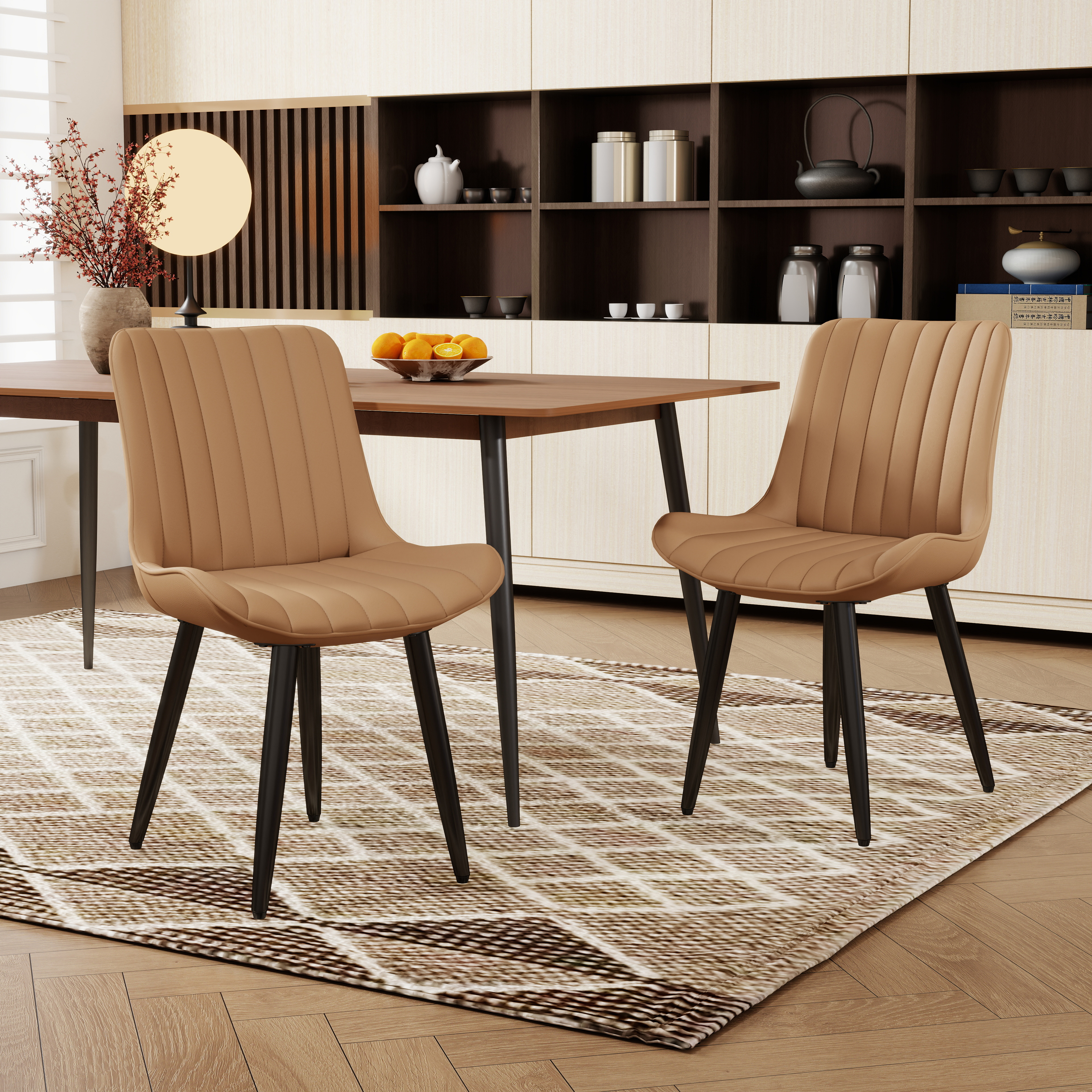 Set Of 2 Modern PU Leather Dining Chairs With Thick Cushions & Metal Legs, Armless Faux Leather Side Chairs For Kitchen, Dining Room