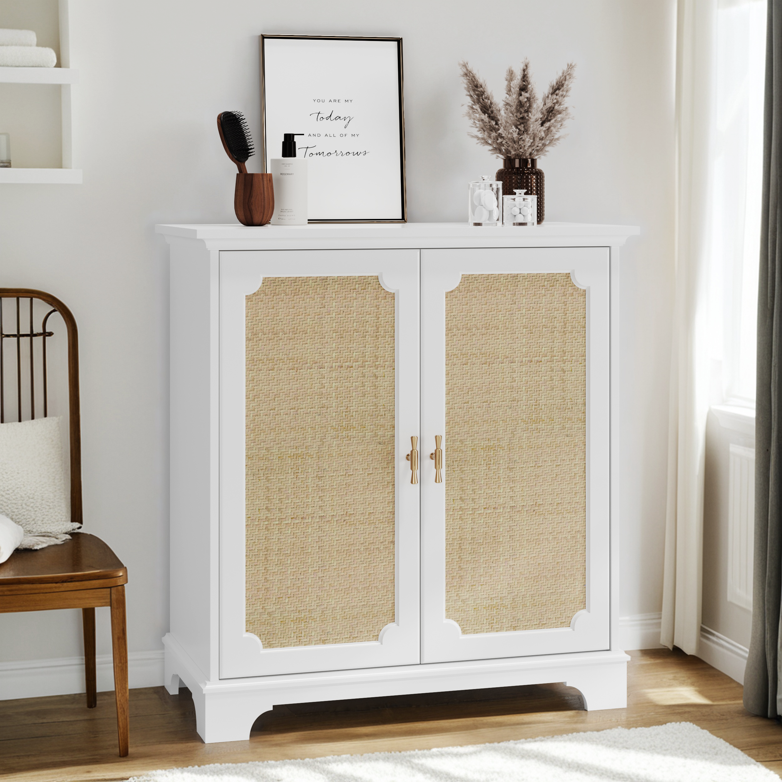 Sideboard Buffet Storage Liquor Cabinet With Rattan Decorated Doors, Kitchen Buffet Storage Cabinet,  Cupboard Console Table, Decorative Cabinet, Suitable For Corridors, Entrances, Living Rooms