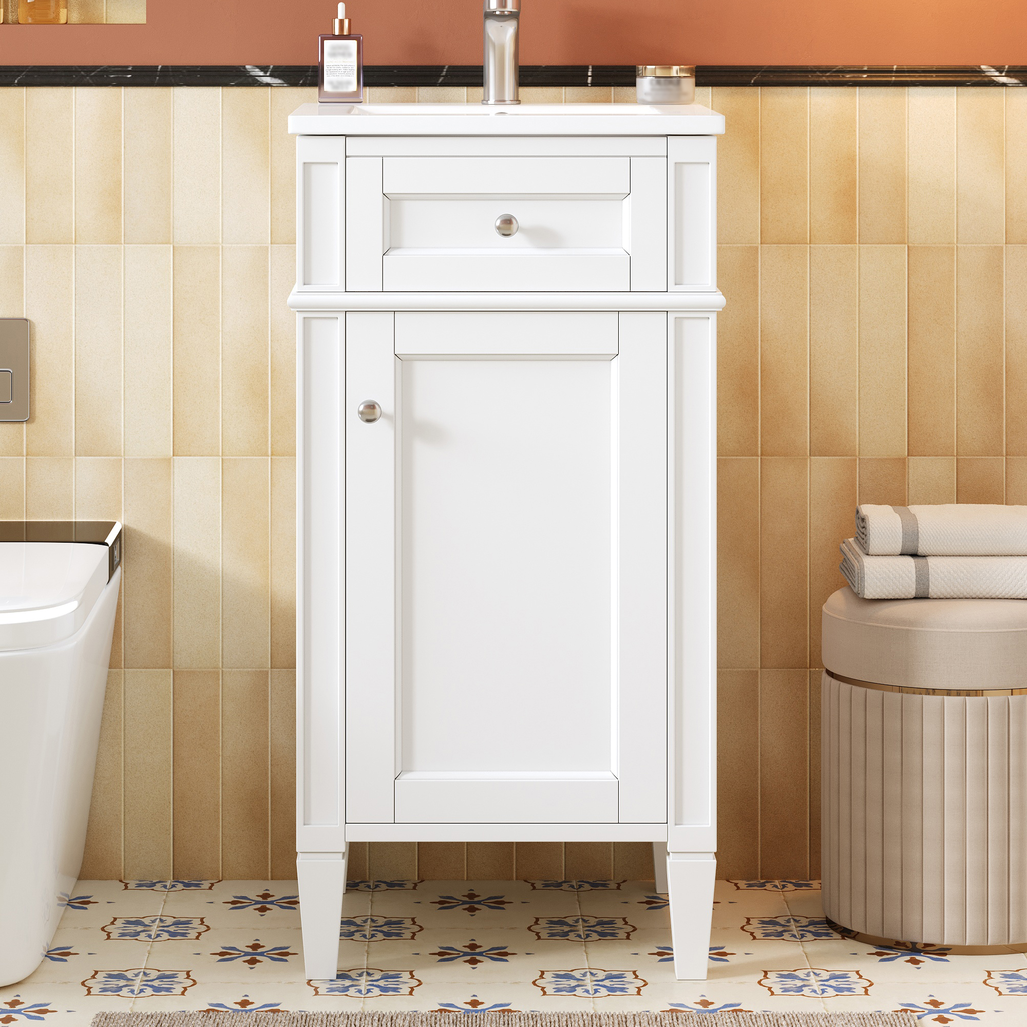 16-inch Bathroom Vanity With Ceramic Sink, Freestanding Single Vanity Set With Soft Closing Door, Adjustable Shelf, French Style, Solid Feet, White