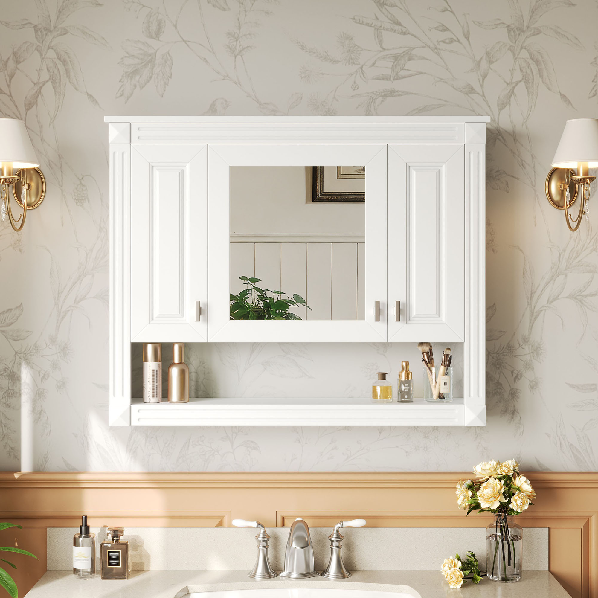 35inch Bathroom Wall Cabinet With Mirror, Wall Mounted Medicine Cabinet With Open Shelf, Mirrored Door Over Toilet Storage Cabinet, White