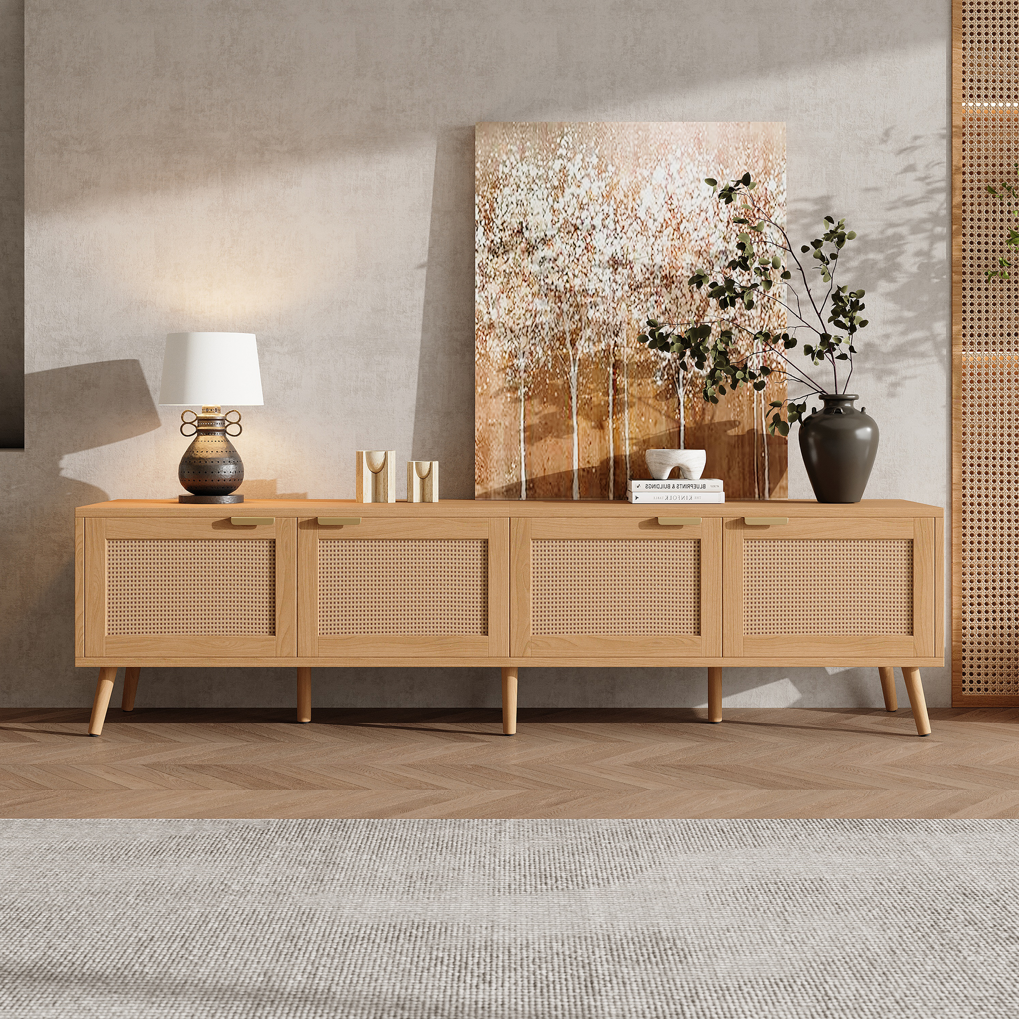 70inch Modern TV Stand With Rattan Doors For TVs Up To 80, Media Console With Storage Space & Cable Holes, Entertainment Center For Living Room