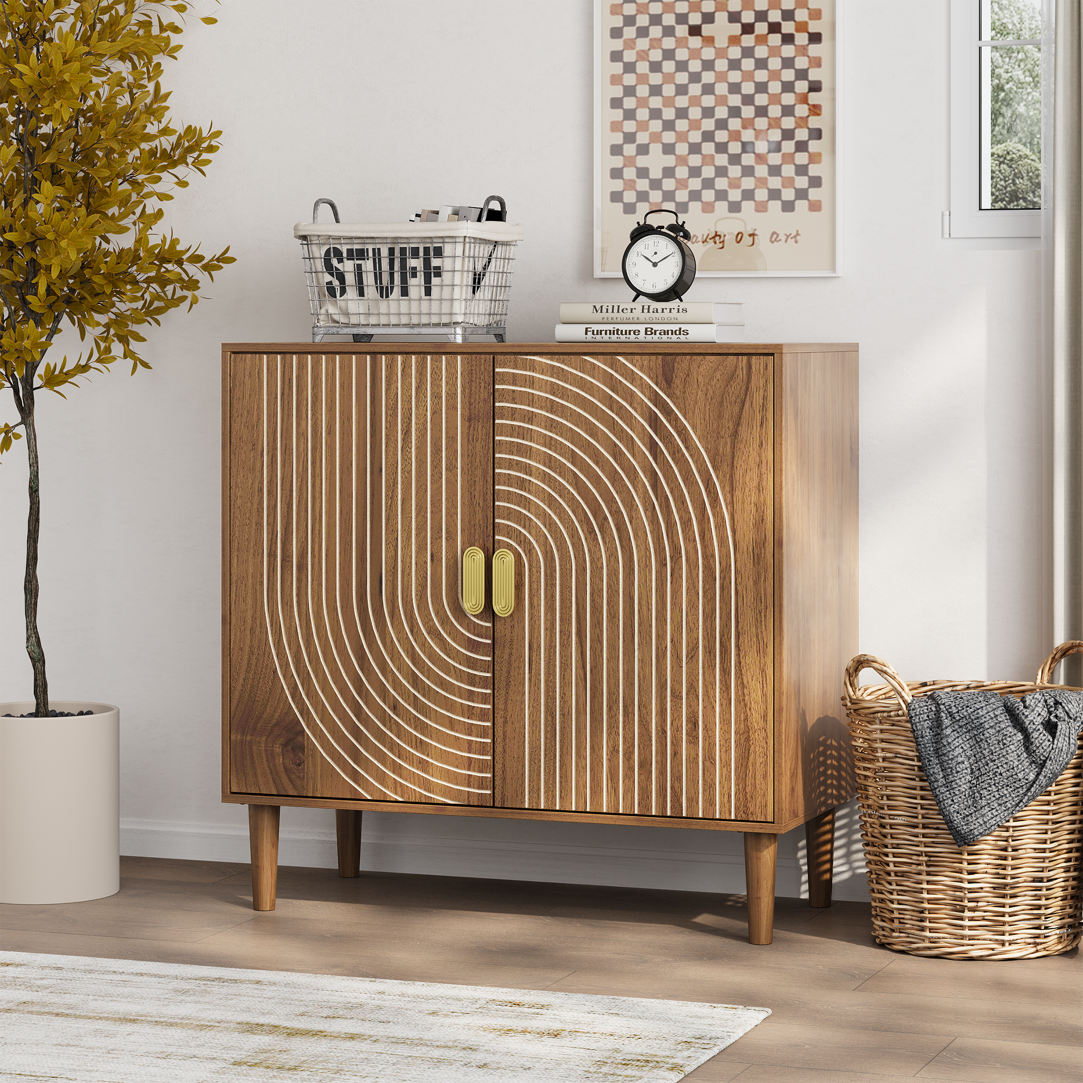 Walnut Wood Buffet Cabinet With Line Groove Design,Sideboard Buffet Cabinet With Storage,Multifunctional Accent Cabinet  For Living Room,Entryway,Hallway,Office,Kitchen