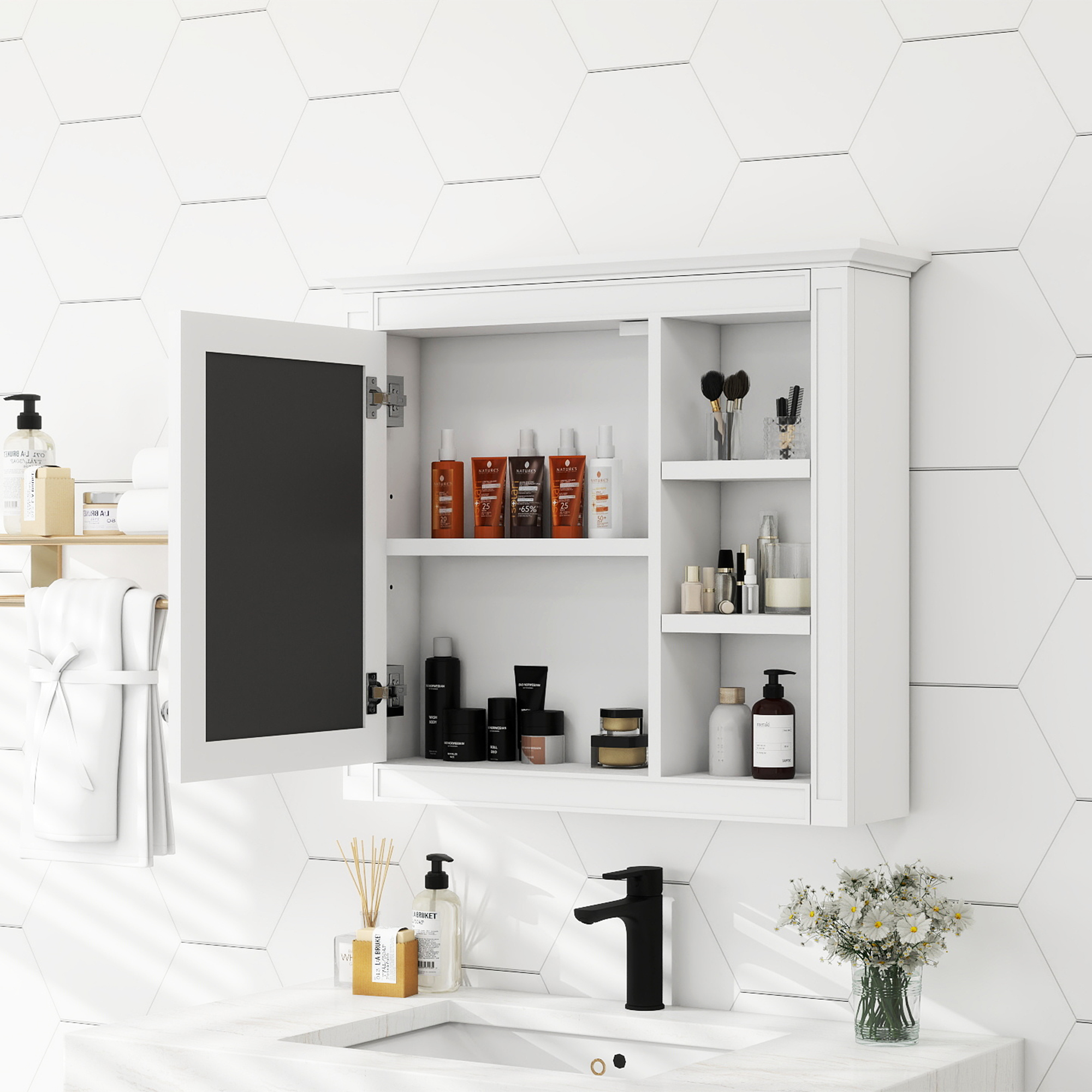 30 X 28 Medicine Cabinet, Wall Mounted Bathroom Storage Cabinet, Modern Bathroom Wall Cabinet With Mirror,Medicine Cabinet, Mirror Cabinet With 3 Open Shelves Not Include Bathroom Vanity_voghion.com