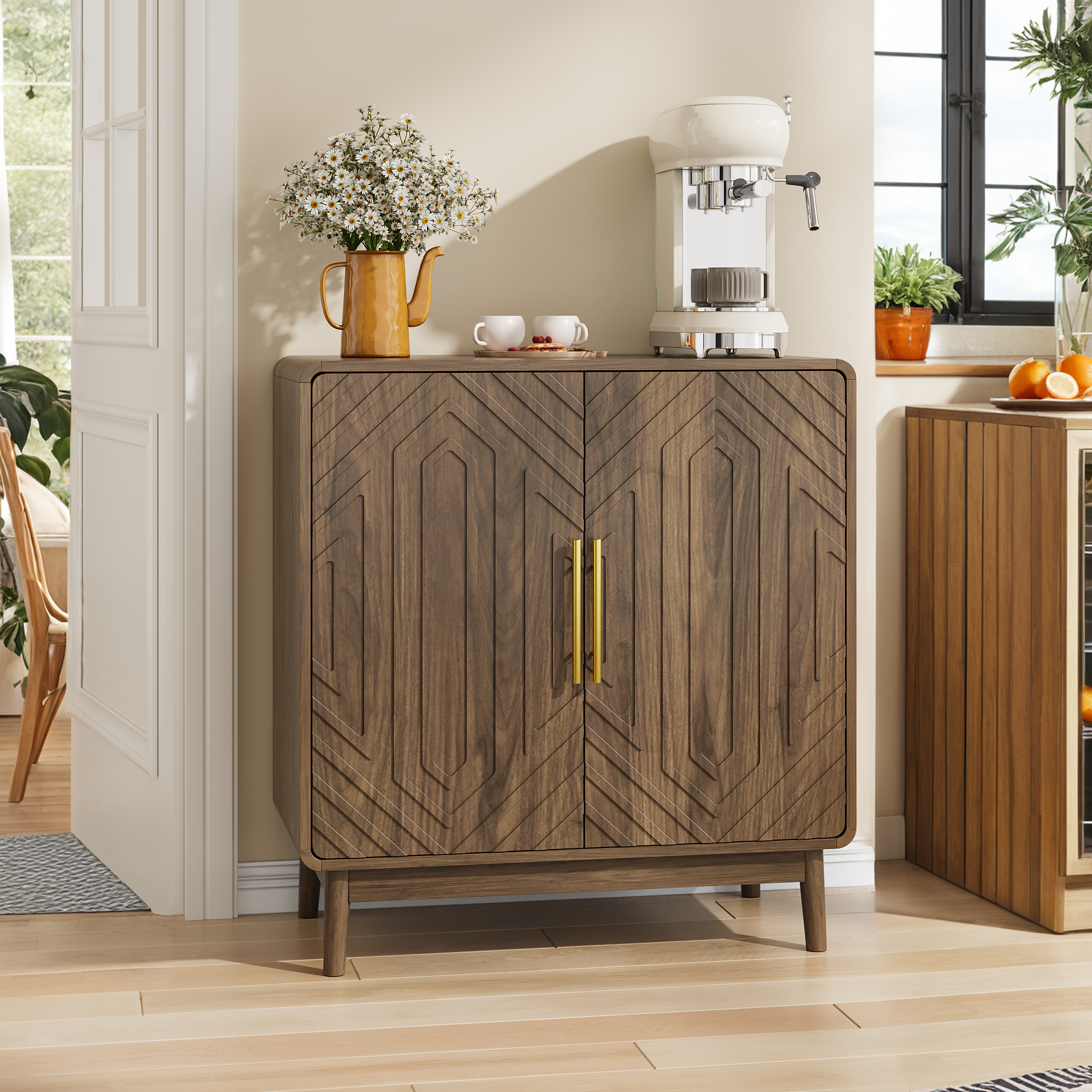 Sideboard Buffet Cabinet With Storage ,Carved 2 Door Sideboard,Multifunctional Accent Cabinet With Adjustable Layer Board For Living Room, Entryway, Hallway, Office, Kitchen And Dining Room