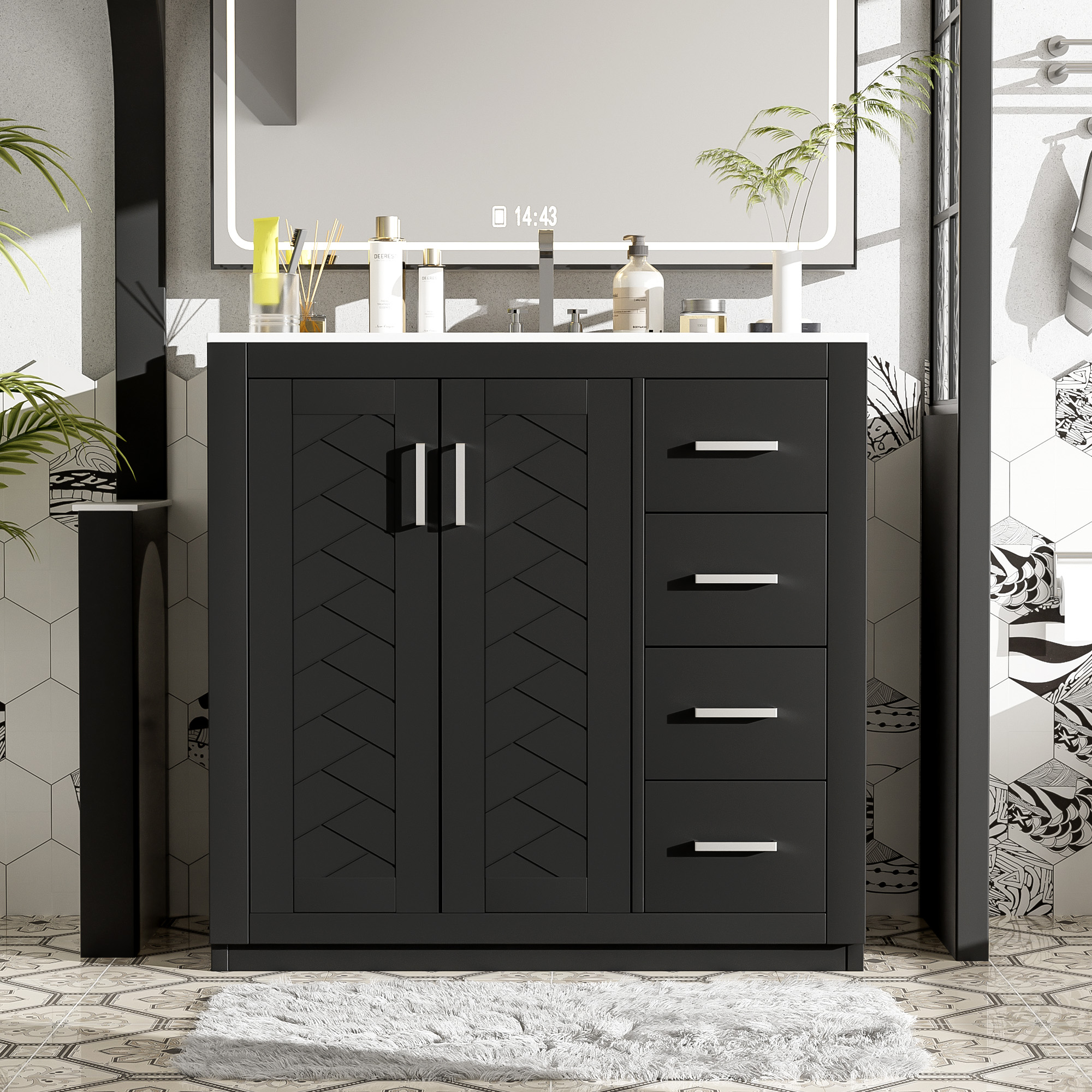 36 Bathroom Vanity With Ceramic Sink Combo,Solid Wood Frame Bathroom Storage Cabinet,Freestanding Vanity Set With 3 Drawers& Soft Closing Doors