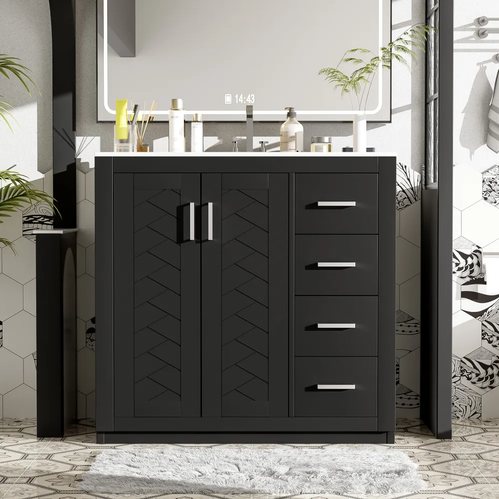 36 Bathroom Vanity With Ceramic Sink Combo,Solid Wood Frame Bathroom Storage Cabinet,Freestanding Vanity Set With 3 Drawers& Soft Closing Doors