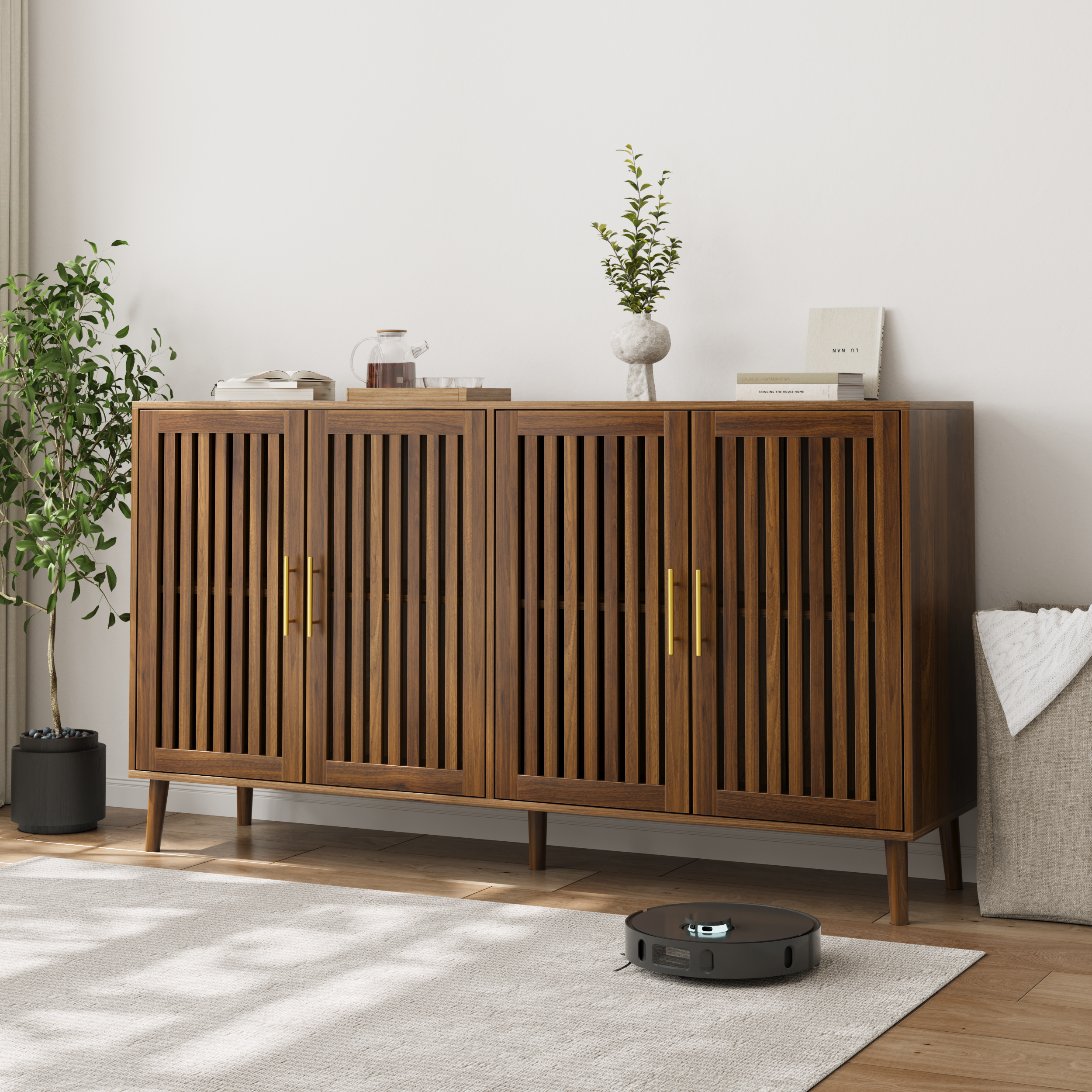 63 Inch Walnut Sideboard Buffet Cabinet With Storage ,Grille-Striped 4 Doors Sideboard,Multifunctional Accent Cabinet For Dining Room,Living Room,Entryway,Kitchen