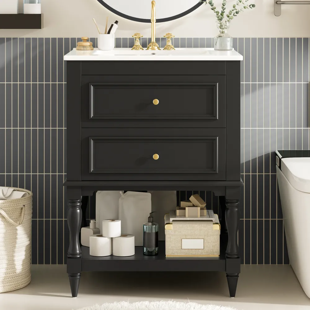 24'' Bathroom Vanity With Ceramic Sink, Bathroom Storage Cabinet With Open Shelf, Retro Design Bathroom Cabinet With 2 Drawers