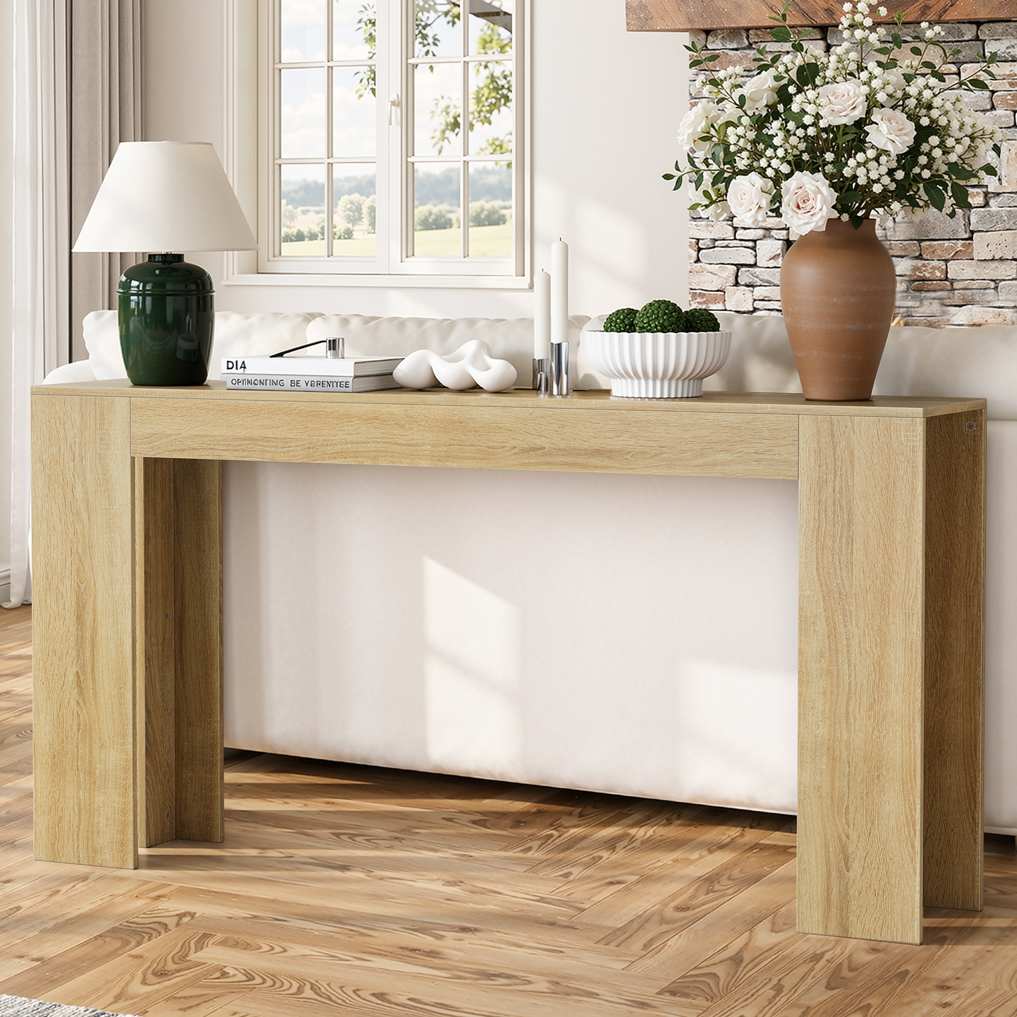 62.99-inch Extra-long Entryway Table, Farmhouse Sofa Table Behind The Sofa, Decorative Table For Narrow Entrances In The Living Room, Hallway, Entrance, Or Foyer, Oak-colored Console Table