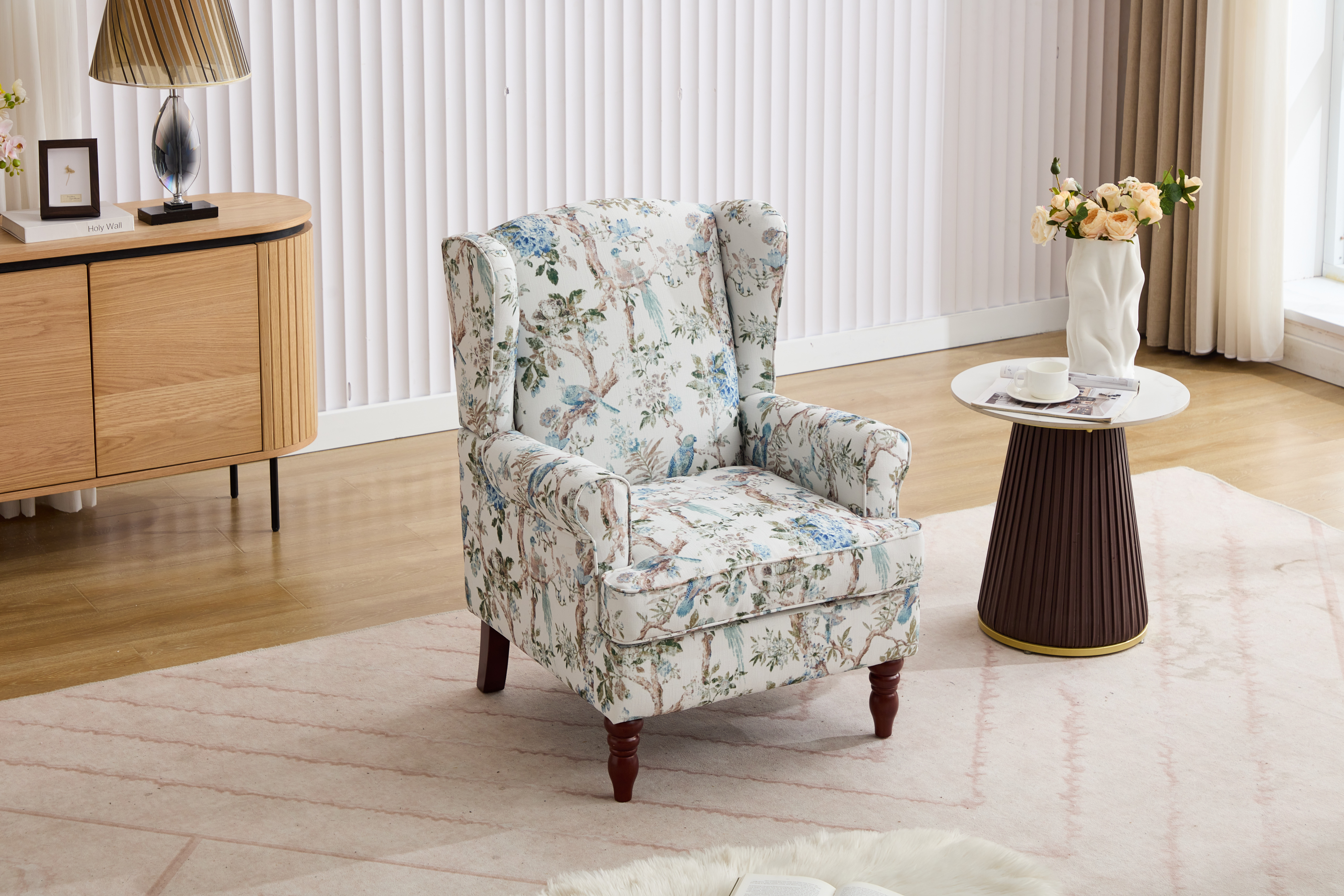 Modern Accent Chair With Retro Wood Legs, Comfy Upholstered Armchair, Floral Design Single Sofa Chair For Living Room Bedroom Office - Floral Blue Bird