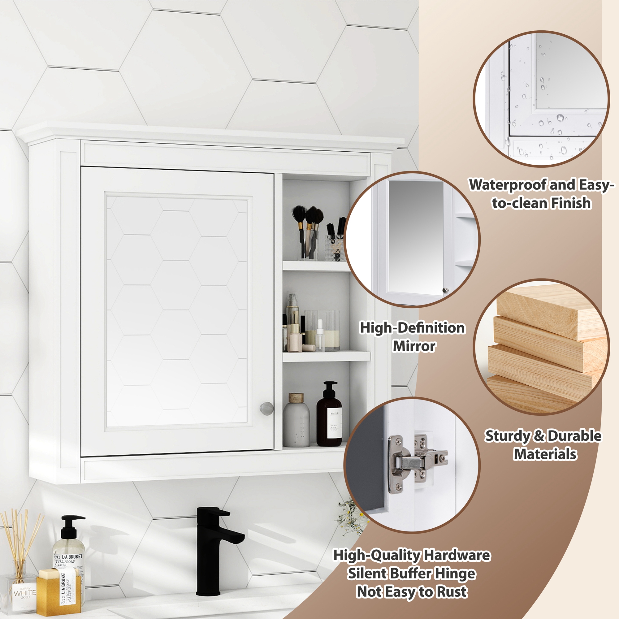 30 X 28 Medicine Cabinet, Wall Mounted Bathroom Storage Cabinet, Modern Bathroom Wall Cabinet With Mirror,Medicine Cabinet, Mirror Cabinet With 3 Open Shelves Not Include Bathroom Vanity_voghion.com