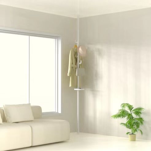 New Style With Trays Adjustable Laundry Pole Clothes Drying Rack Coat Hanger DIY Floor To Ceiling Tension Rod Storage Organizer For Indoor, Balcony - White