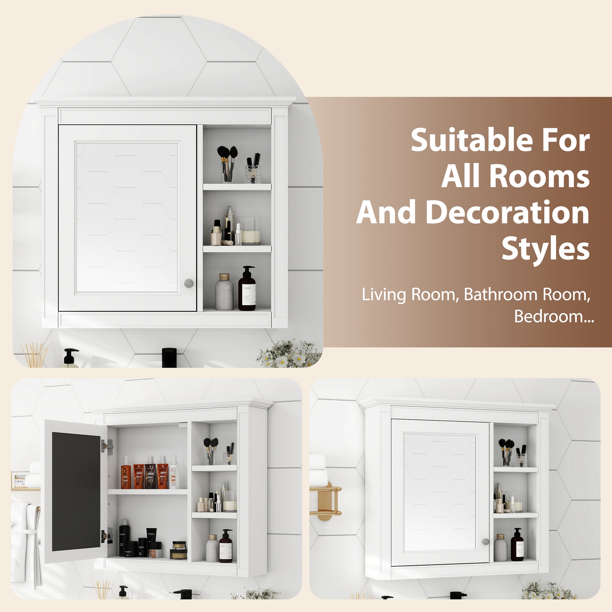 30 X 28 Medicine Cabinet, Wall Mounted Bathroom Storage Cabinet, Modern Bathroom Wall Cabinet With Mirror,Medicine Cabinet, Mirror Cabinet With 3 Open Shelves Not Include Bathroom Vanity_voghion.com