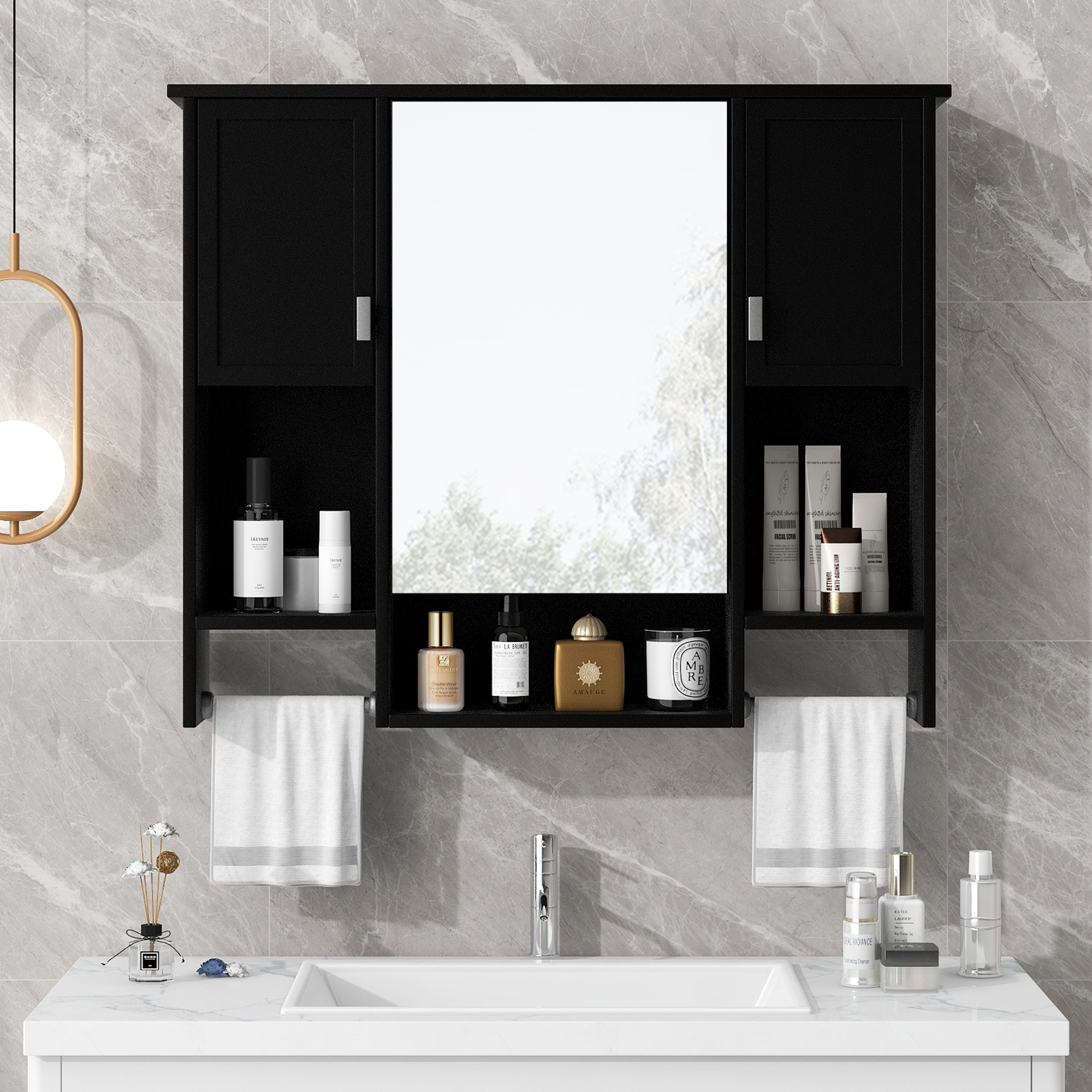 35'' X 28'' Modern Wall Mounted Bathroom Storage Cabinet, Bathroom Wall Cabinet With Mirror, Medicine Cabinet With Towels Bar