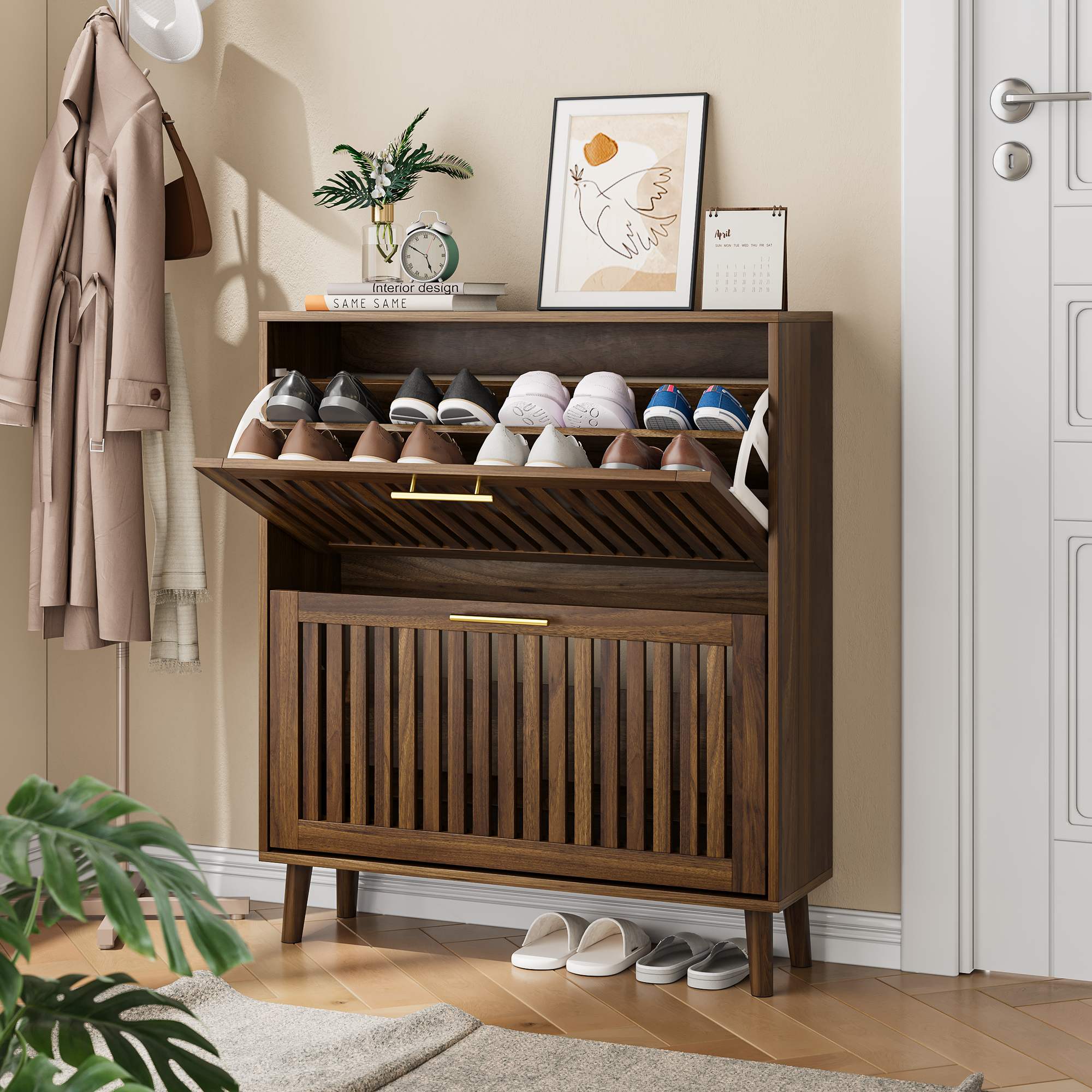 31.5-inch Walnut Shoe Storage Cabinet, Medieval Modern Independent Shoe Cabinet, Fence Shoe Cabinet With 2 Flip Drawers, Suitable For Corridors And Entrances