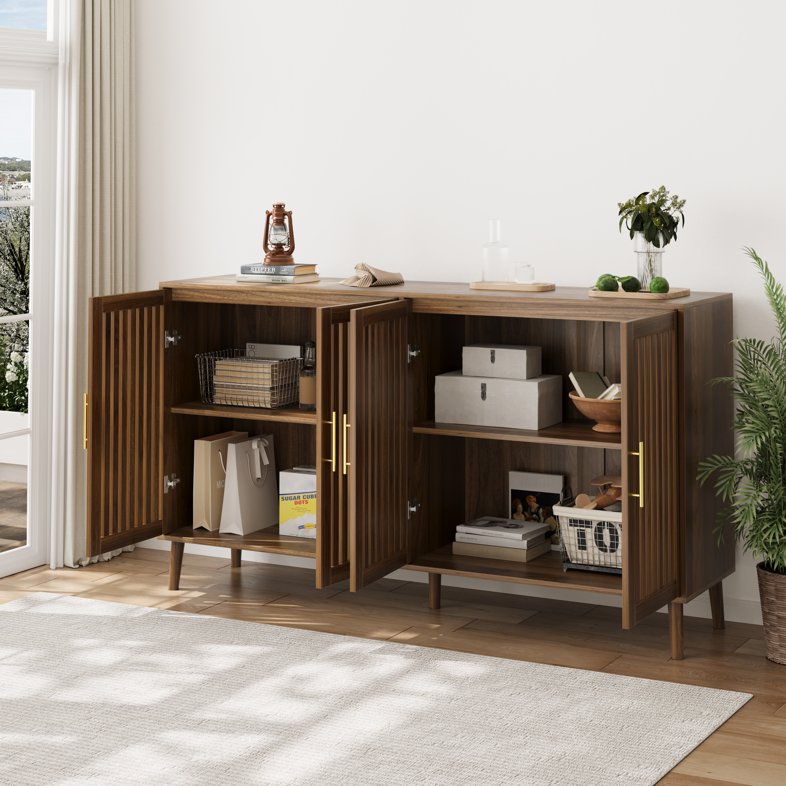 63 Inch Walnut Sideboard Buffet Cabinet With Storage ,Grille-Striped 4 Doors Sideboard,Multifunctional Accent Cabinet For Dining Room,Living Room,Entryway,Kitchen