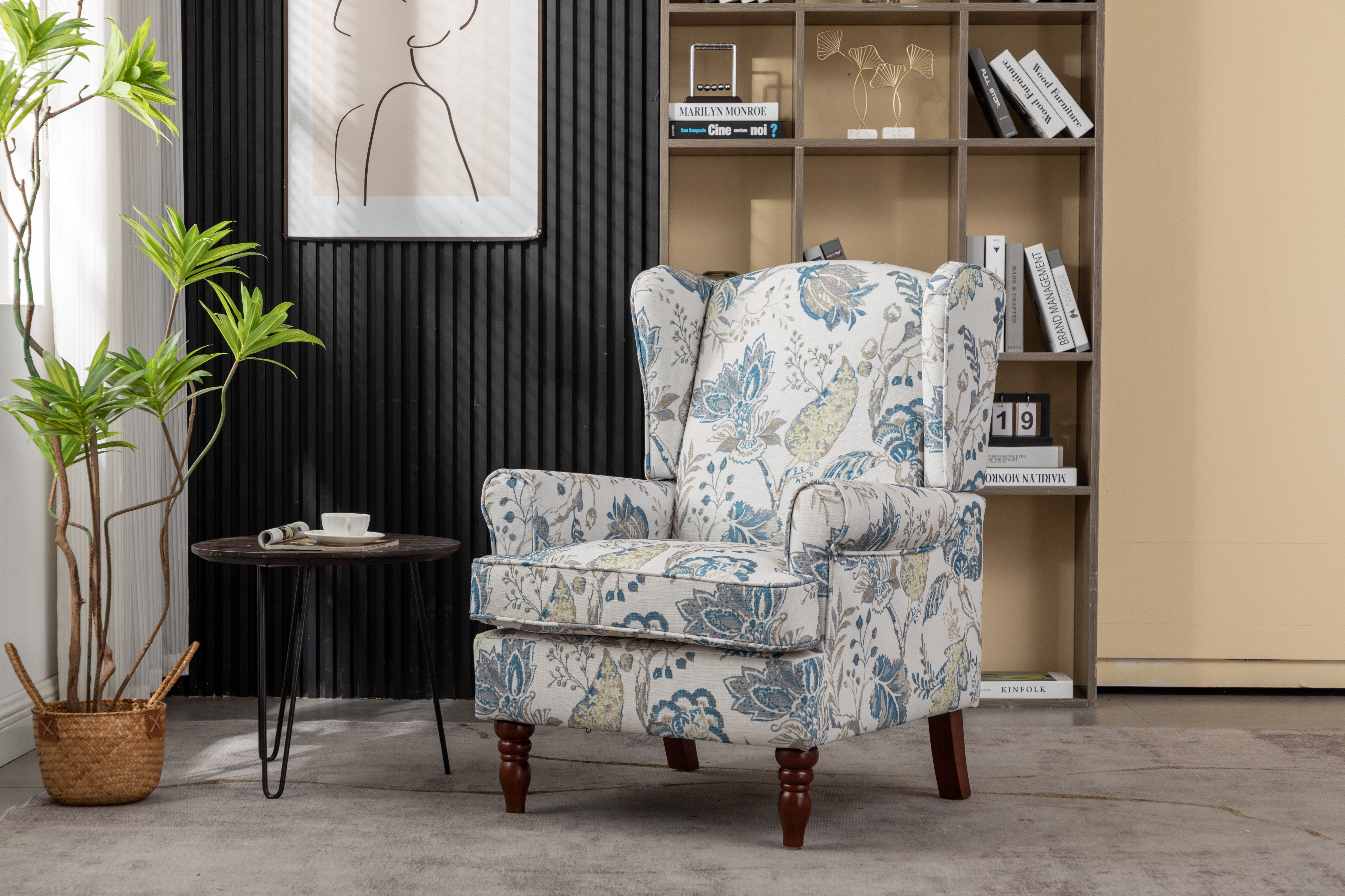 Modern Accent Chair With Retro Wood Legs, Comfy Upholstered Armchair, Floral Design Single Sofa Chair For Living Room Bedroom Office - Floral Blue