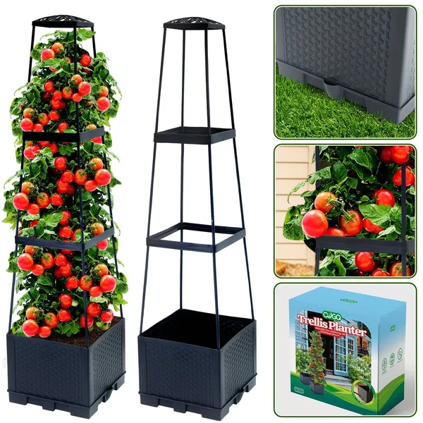 2-Pack 44.8" Self-Watering Tomato Planter With Trellis – Heavy-Duty Indoor & Outdoor Raised Garden Box, Built-in Trapezoid Climbing Grid For Tomatoes, Vegetables & Vining Plants