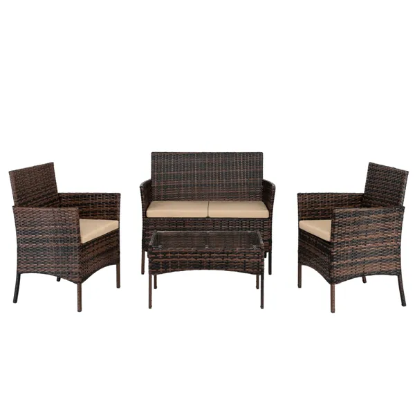 2pcs Arm Chairs 1pc Love Seat & Tempered Glass Coffee Table Rattan Sofa Set Brown Gradient(SAME AS 45313116)