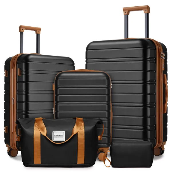 Luggage Sets 5 Piece With Duffel Bags, Hardside Expandable Suitcases With Spinner Wheels, Black