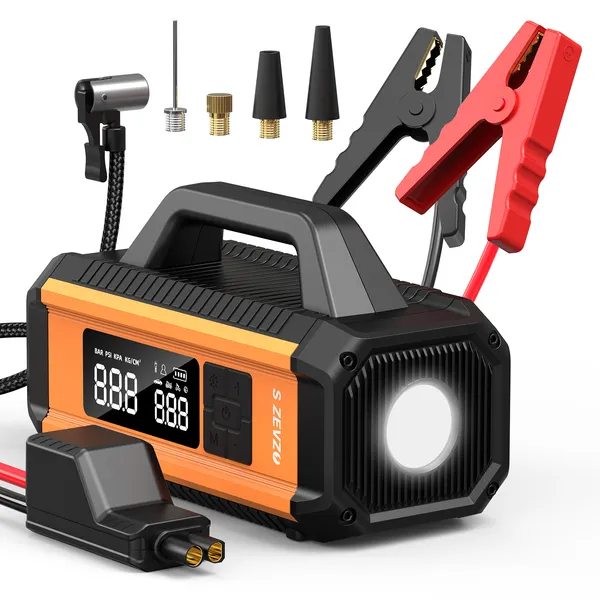 S ZEVZO 2 In 1 Car Jump Starter With Air Compressor Air Inflator Battery Charge Jumper Booster Power Bank Flashlight
