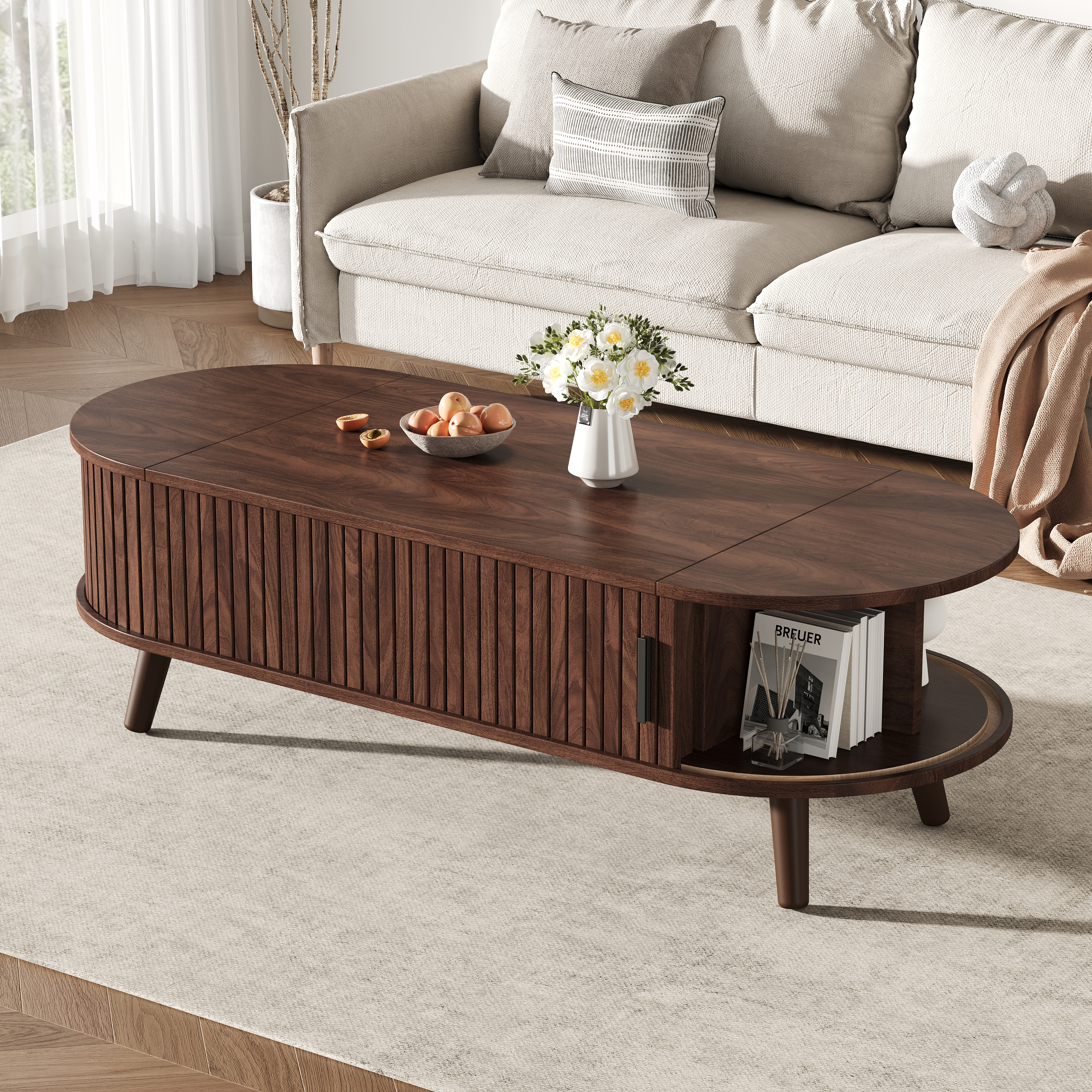 Lift Up Oval Coffee Table With Hidden Storage, Centre Lifting Sofa Side — image 5