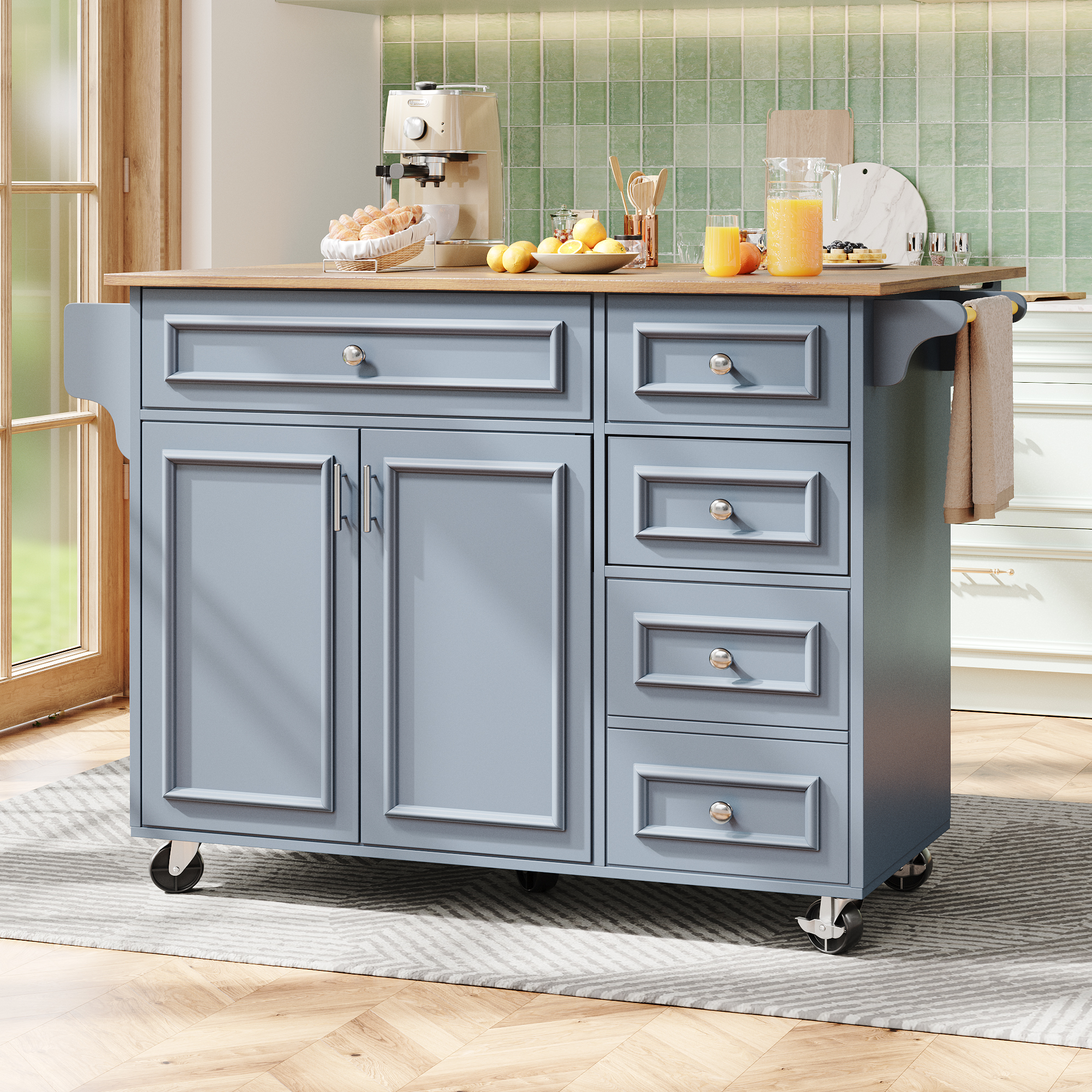 Kitchen Island 110x45-75x92cm, Removable Serving Trolley Buffet Cabinet, Dining Trolley With Vintage Pattern, Buffet Cabinet, Multifunctional Dining Table With Storage Space, Blue