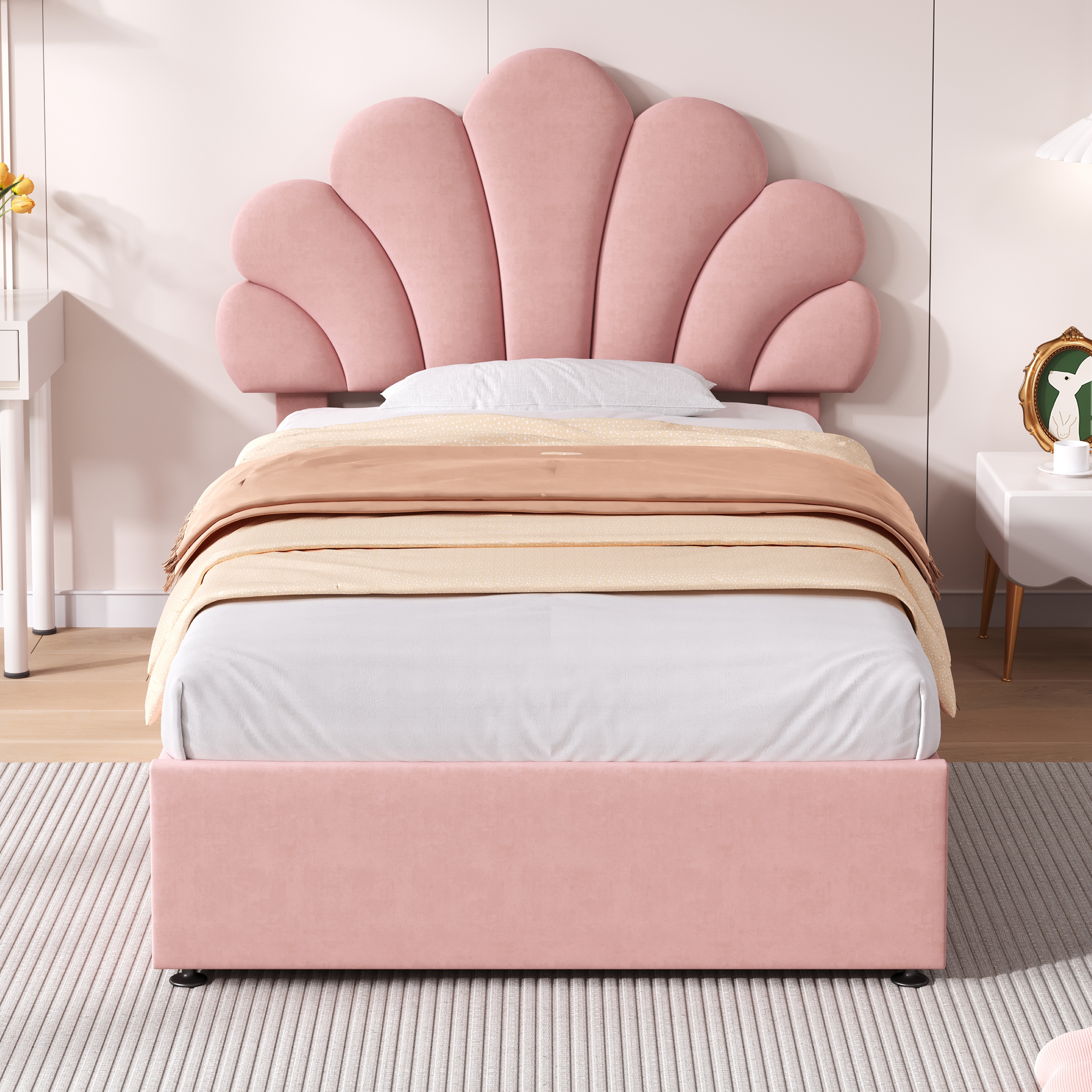 Chic Petal Velvet Bed with Effortless Hydraulic Storage