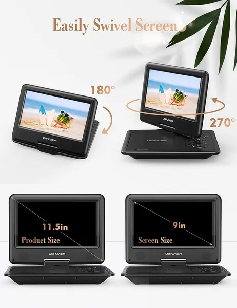 11.5" Portable DVD Player, 5-Hour Built-in Rechargeable Battery, 9" Swivel Screen, Support CD/DVD/SD Card/USB, Remote Control, 1.8 Meter Car Charger, Power Adaptor And Car Headrest