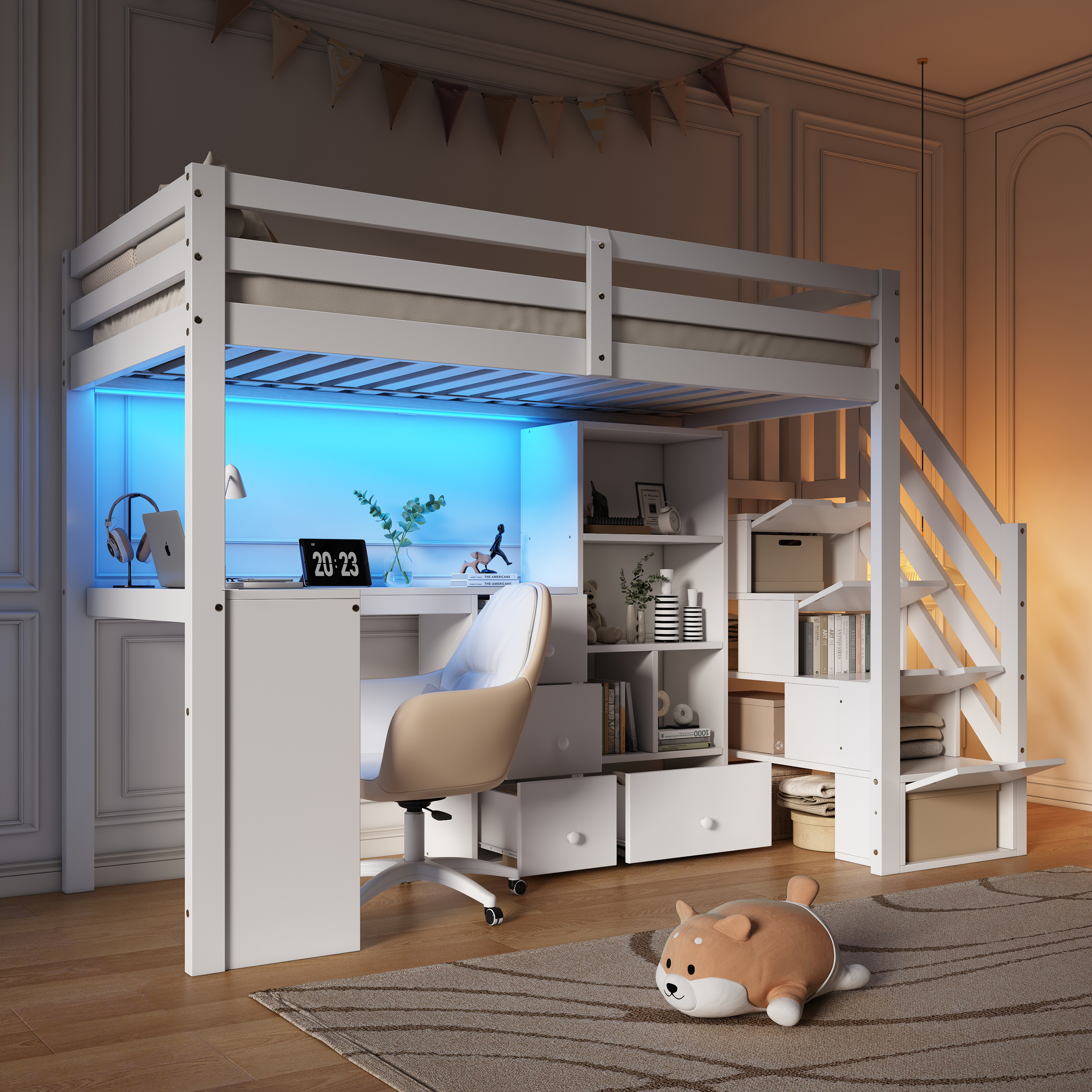 3ft Single Loft Bed With L-Shaped Desk & Storage Stairs, Wooden Frame Smart RGB — image 4