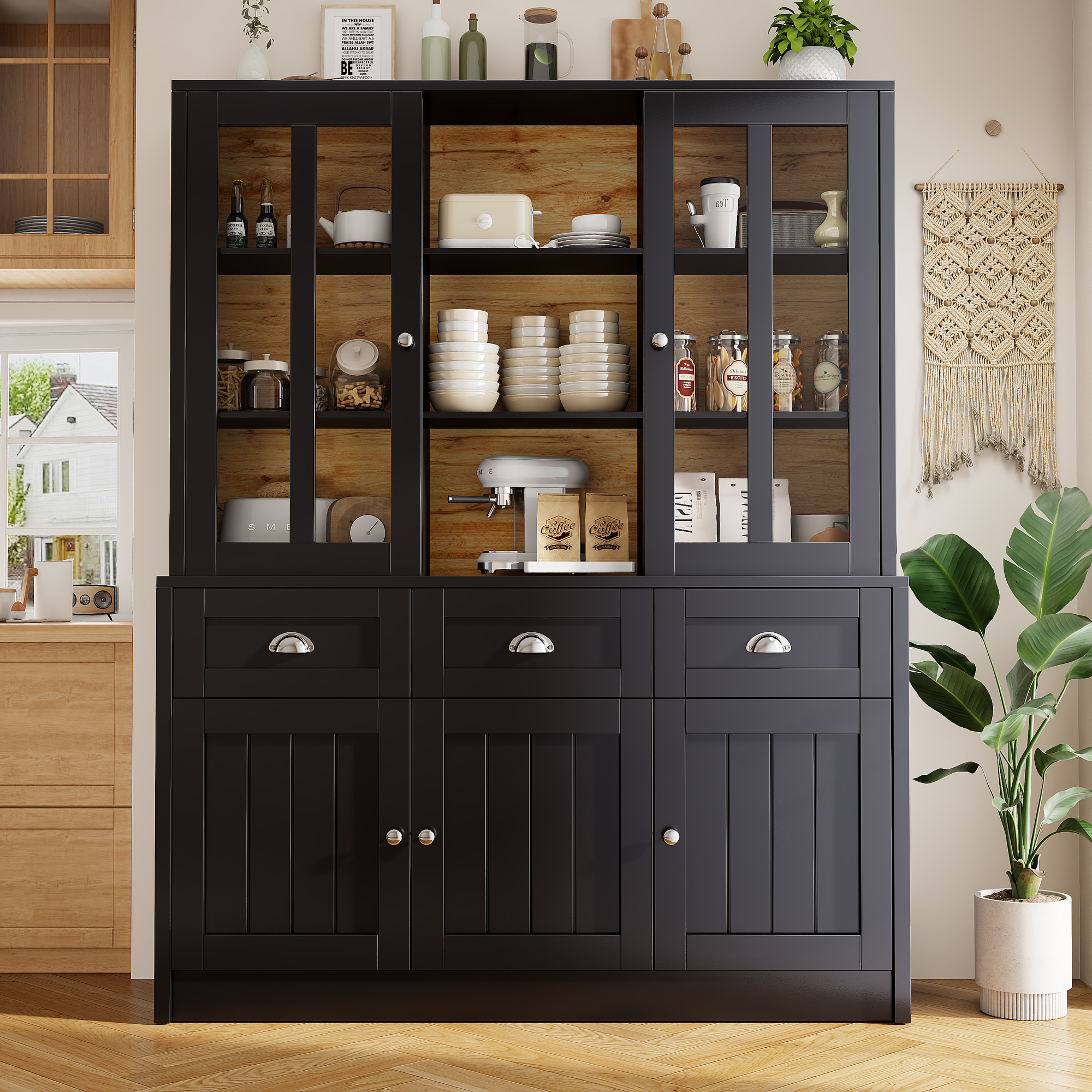Tall Cabinets For Living Room 140x38.5x175cm, Display Cabinet, Kitchen Cabinet, Dining Room Cabinet With Drawers, Modern Minimalist Tall Cabinet, Freestanding Display Cabinet, Black