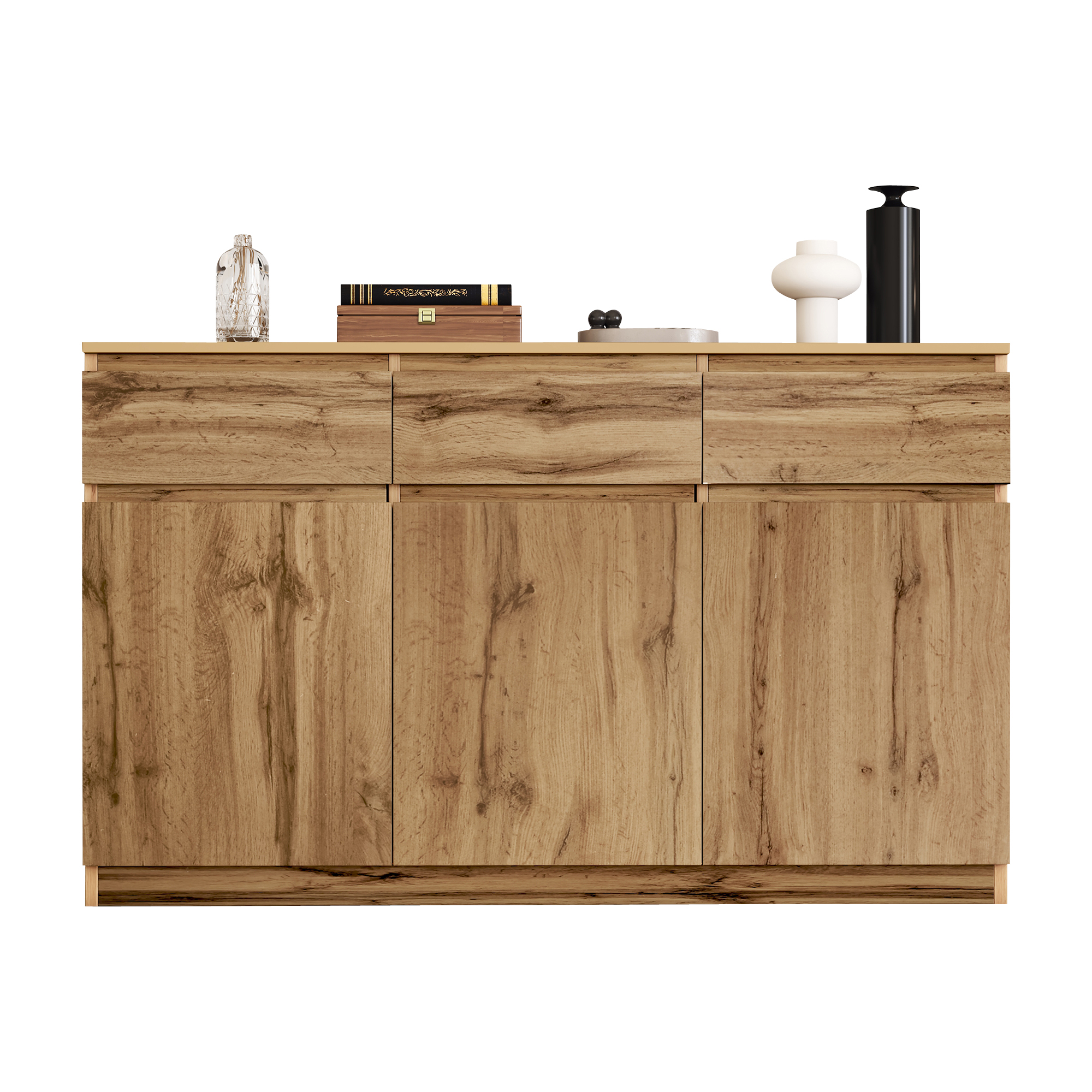 Oak Buffet Cabinet Storage Sideboard Farmhouse Server Bar Wine Cabinet With 3 Drawers & 3 Doors Adjustable Shelves Console Table For Dining Living Room Kitchen Cupboard