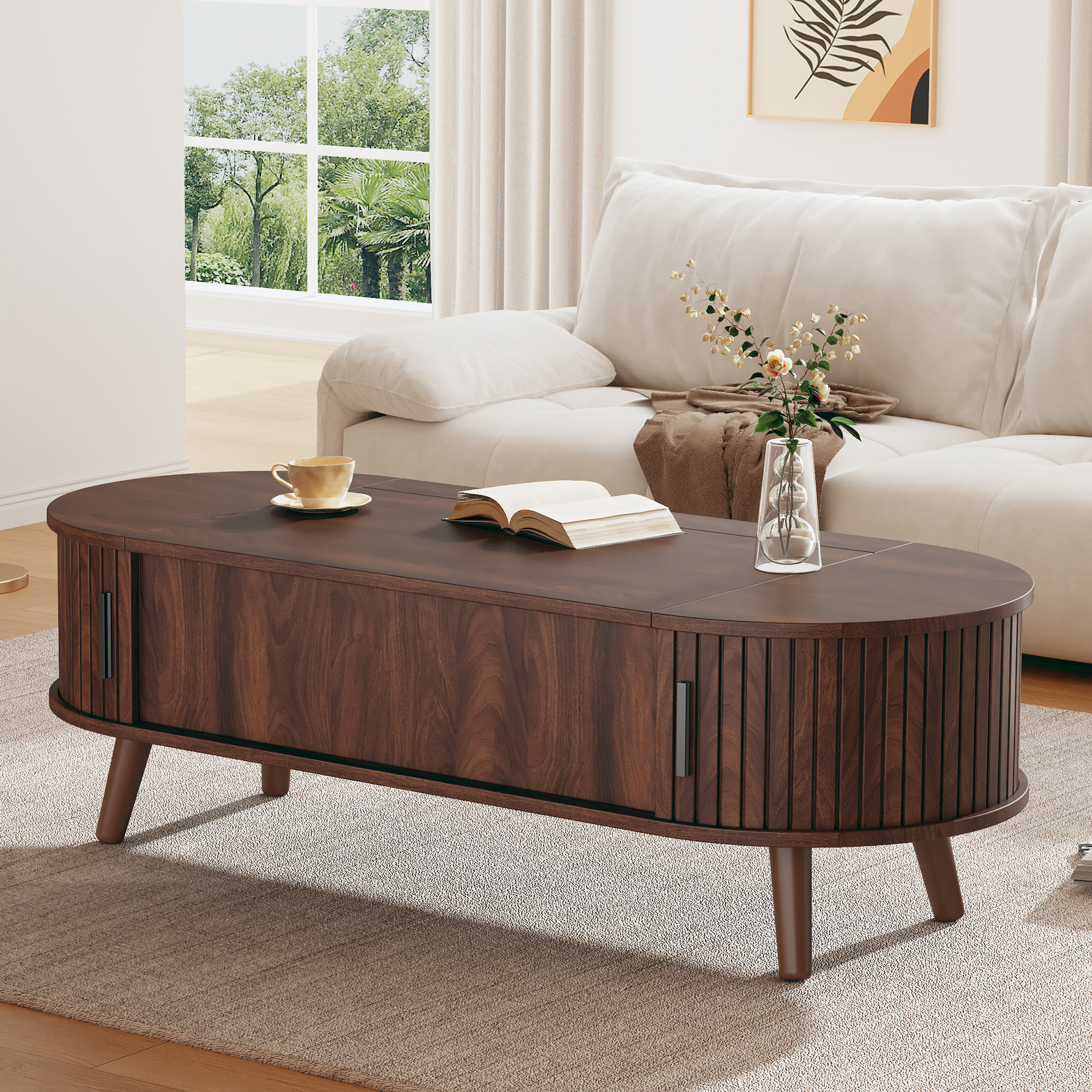 Lift Up Oval Coffee Table With Hidden Storage, Centre Lifting Sofa Side — image 4