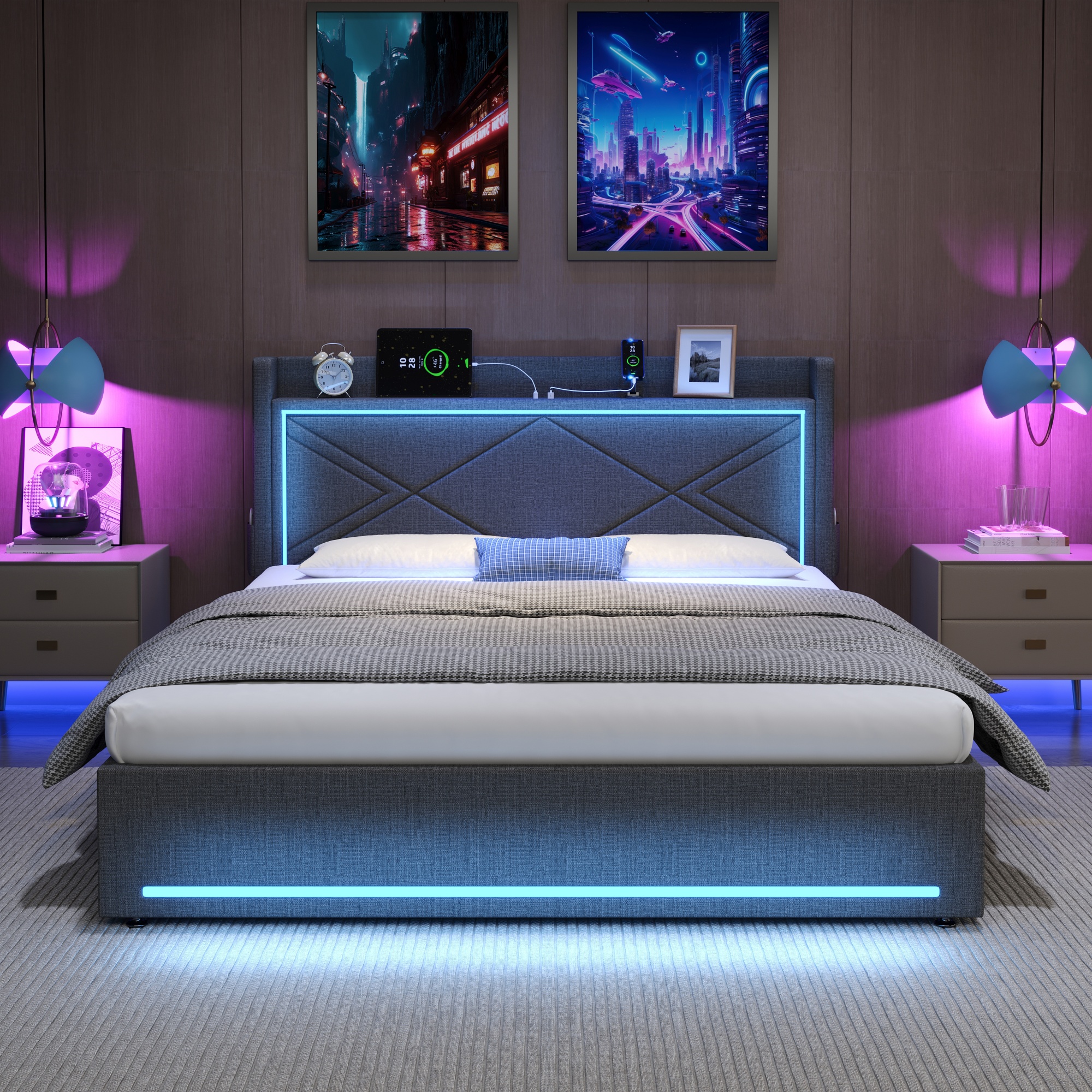4ft6 Double Upholstered Bed Frame With Hydraulic Storage,  Linen Ottoman Bed With LED Lighting And Charging Station, USB And Type - C Ports, No Box Spring Needed, Grey No Mattress