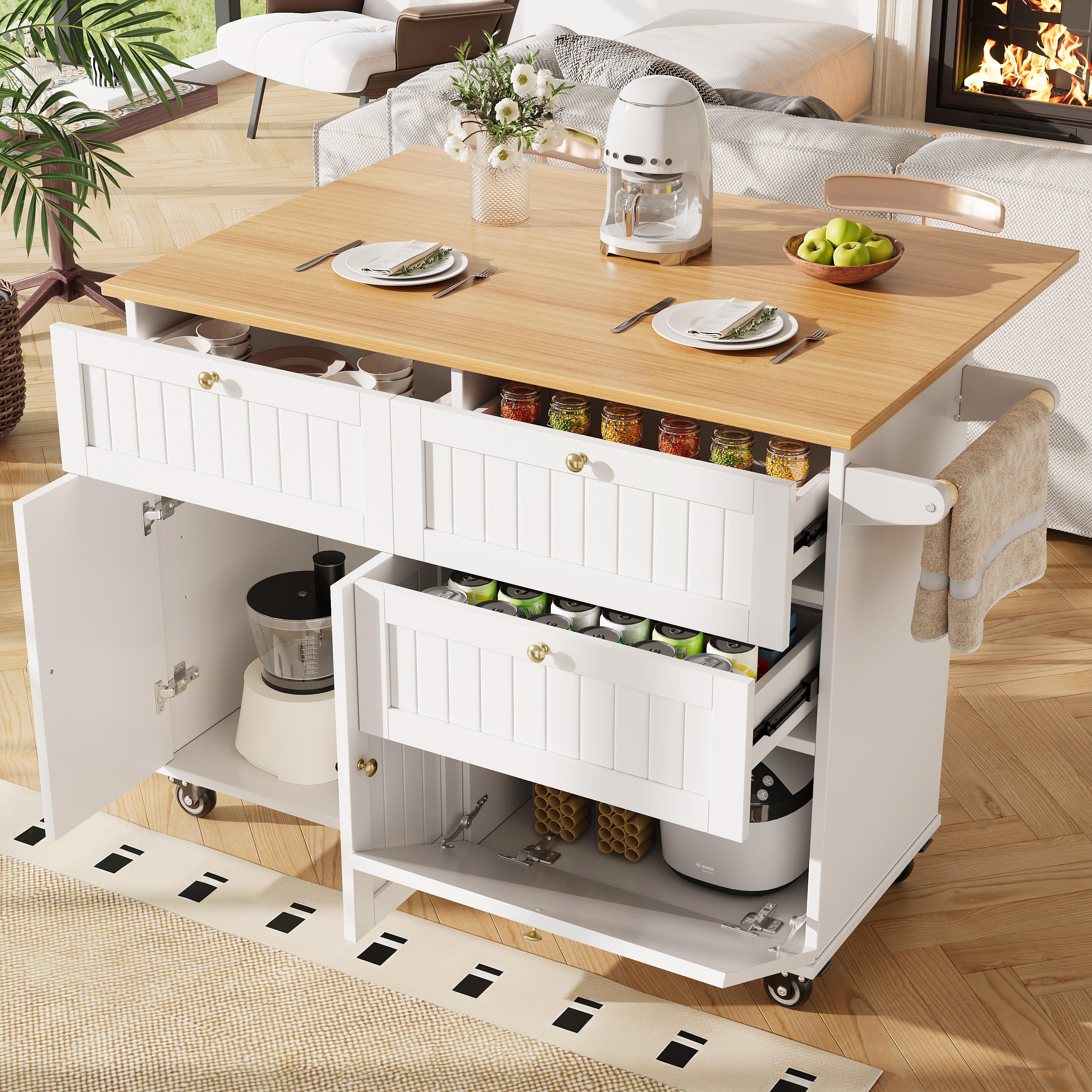 Rolling Mobile Kitchen Island, Table On Wheels With Drawer And Storage Cabinet, Portable Kitchen Island Cart With Drop Leaf, Breakfast Bar, Towel Rack, White