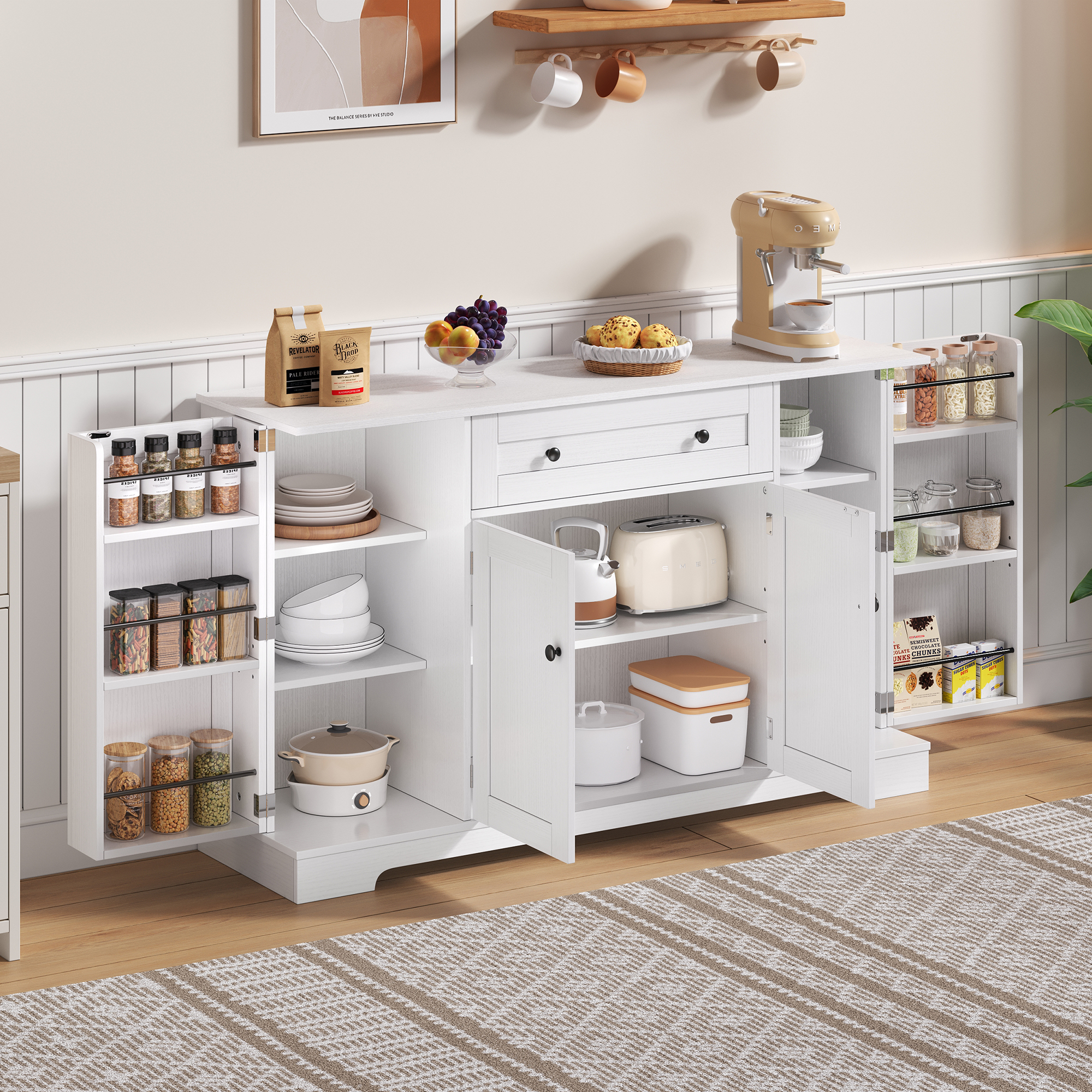 Multifunctional Kitchen Sideboard -138 Cm Cabinet With Drawer, Shelf Doors & Adjustable Shelves - Modern Design With Tip-over Protection, Ideal For Kitchen, Living Room & Bedroom