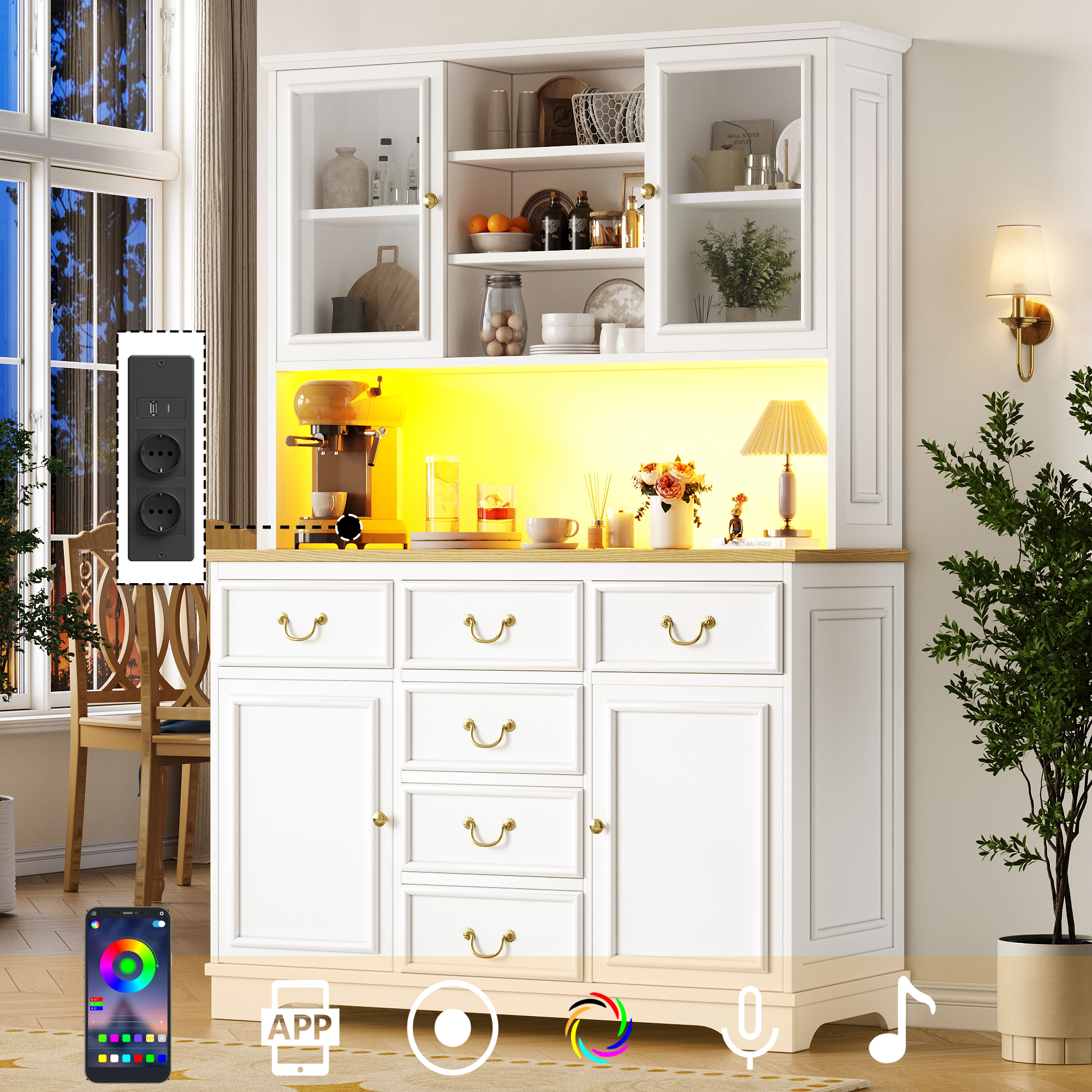 Tall Kitchen Cabinet With USB Ports And Sockets, Sideboard With LED Light Strip, Kitchen Cabinet, Storage Cabinet With Snack Shelf Doors, Sideboard, Waste Bin Can Be Installed, White