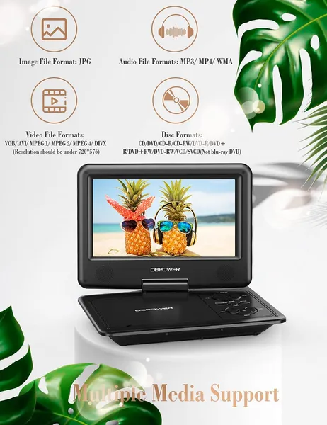 11.5" Portable DVD Player, 5-Hour Built-in Rechargeable Battery, 9" Swivel Screen, Support CD/DVD/SD Card/USB, Remote Control, 1.8 Meter Car Charger, Power Adaptor And Car Headrest