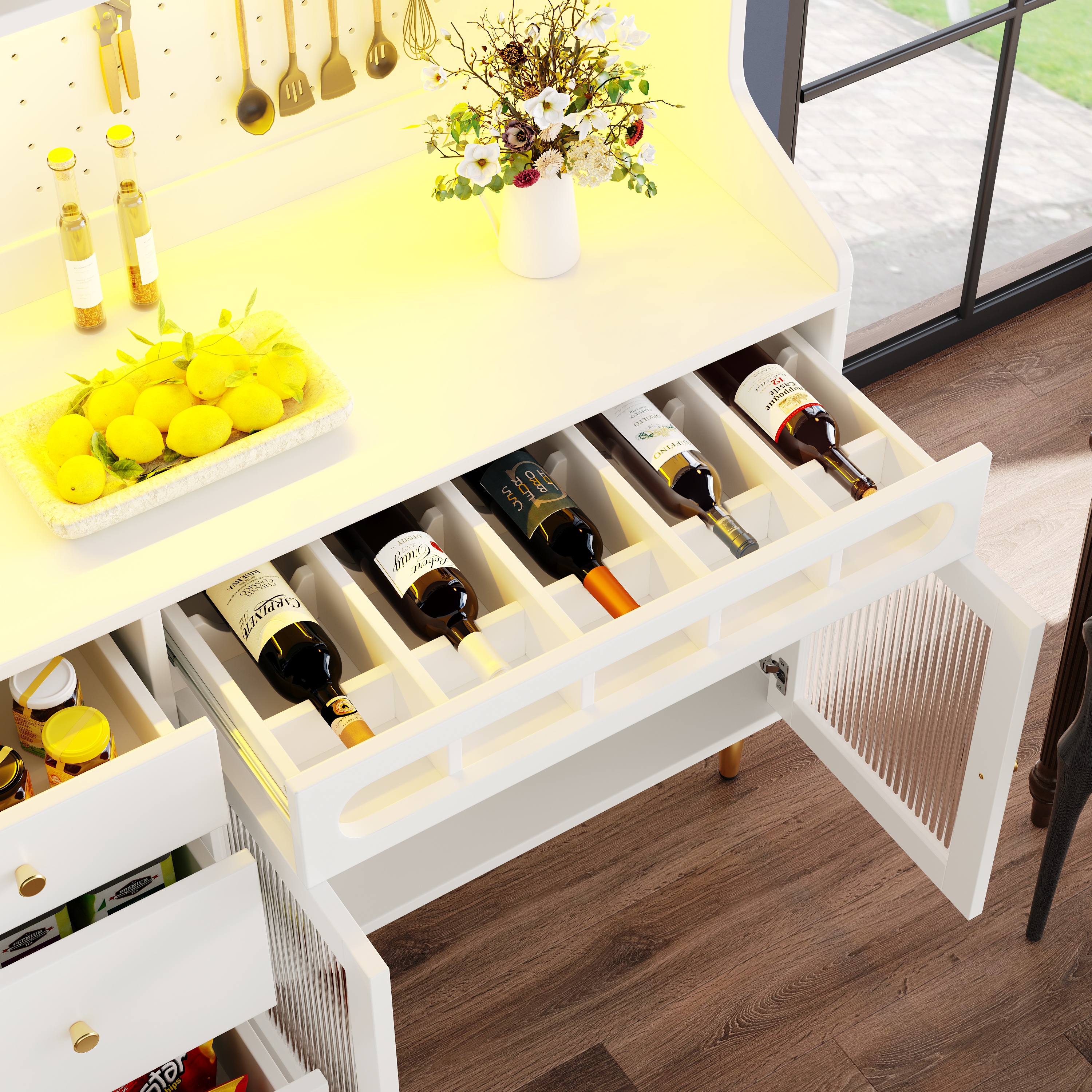 Highboard With Adjustable Shelves & LED Lights, Freestanding Storage Unit For Living Room Kitchen Dining, Tall Cabinet With Wine Rack, Dimensions 145x39x171cm, White