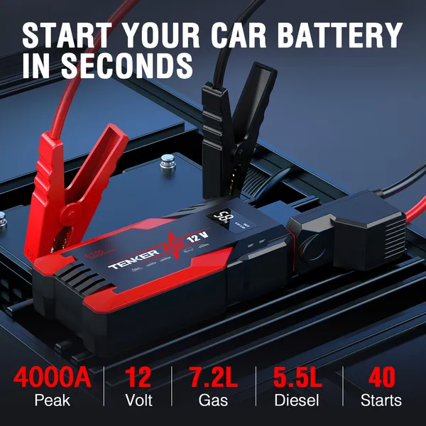 4000 AMP PEAK Car Jump Starter Jumper Box 51.8WH Power Bank 12V Battery Charger 7.2L Gas Engine 5.5L Diesel Engine LCD Display Multifunctional Emergency Lights