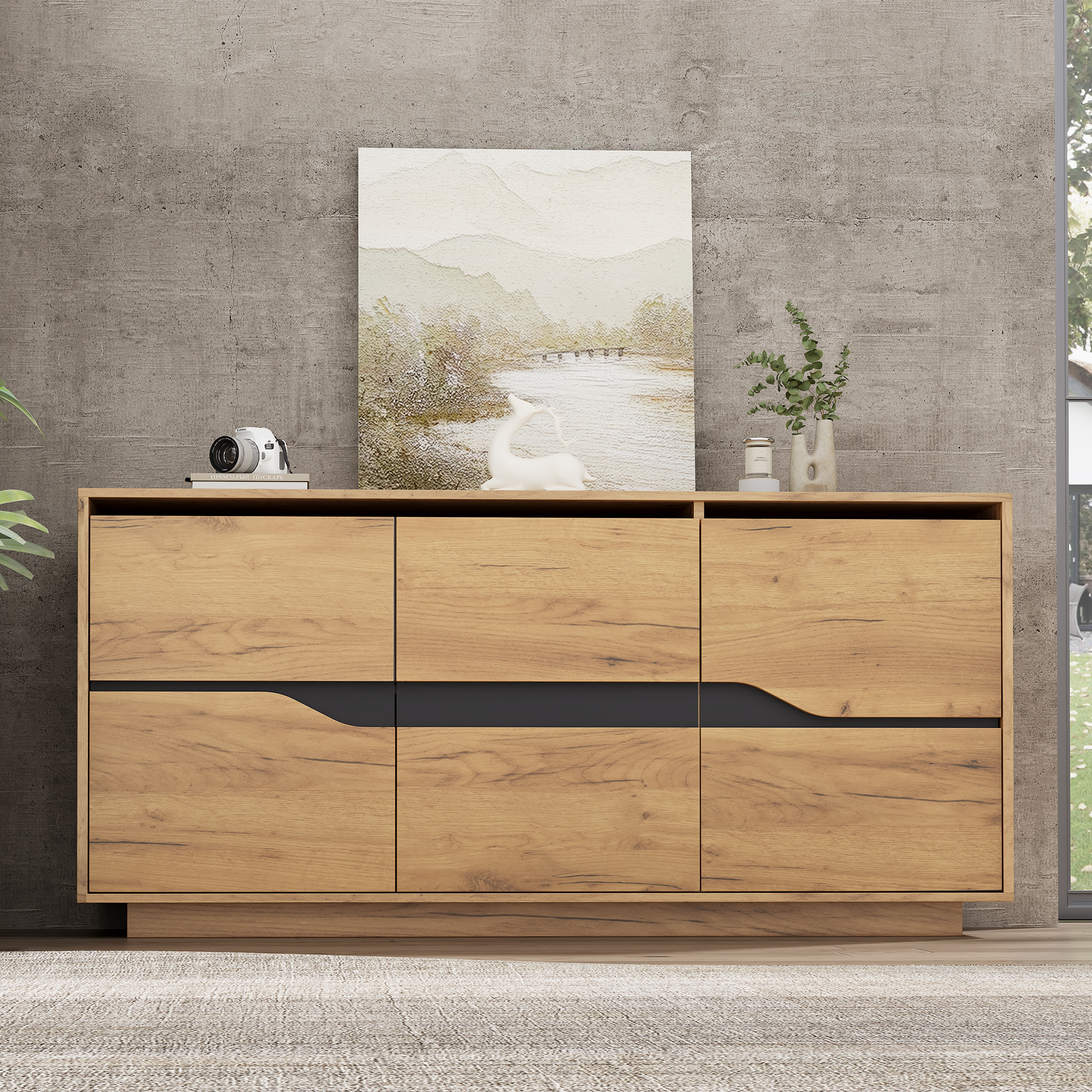 Modern Vintage Storage Cabinet, Sideboard Buffet With 3 Doors, Sofa Side Cabinet, Adjustable Partition, Unique Design, For Living Room, Bed Room, Kitchen, Hallway, 140x40x70CM, Wood