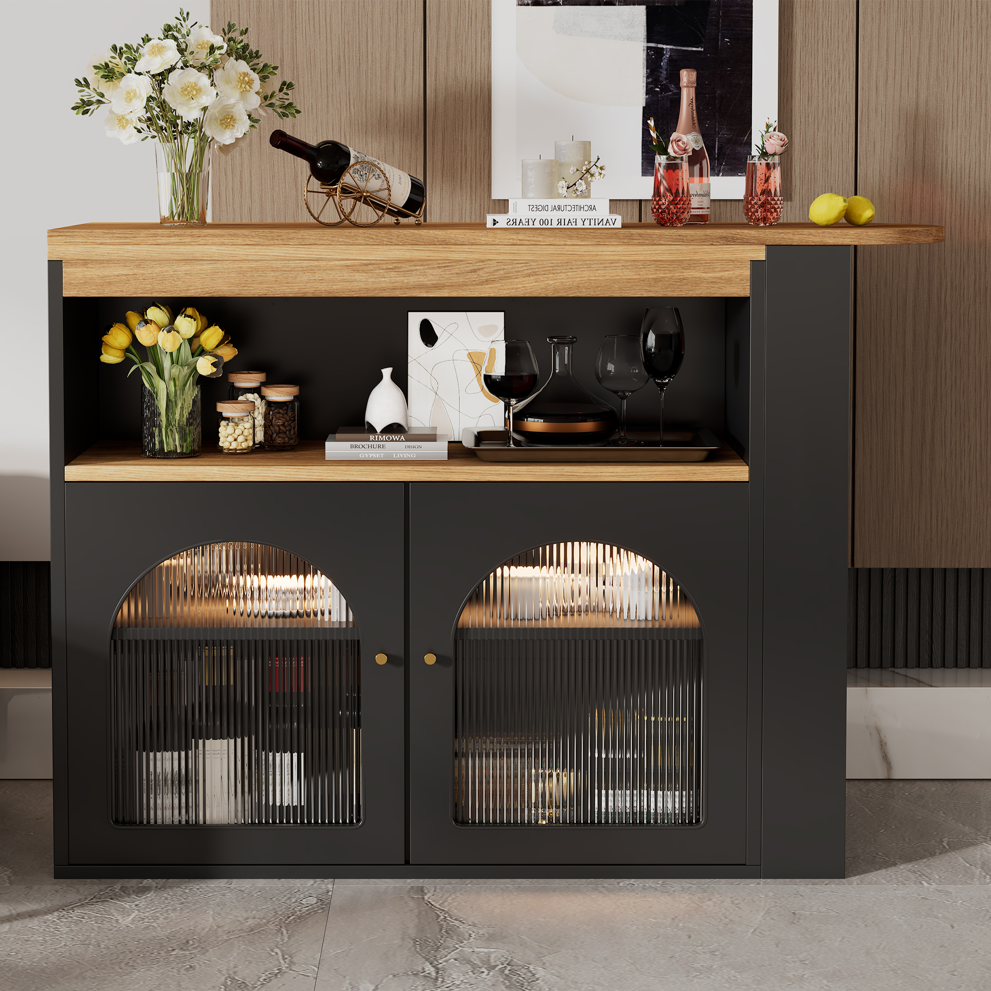 Modern Extendable Kitchen Island Table 138-193X39X105CM, Extendable Dining Table With Storage, Bar Bistro Table, Swivel, For Dining Room, With 1m LED Strip Adjustable Light Colour,Schwarz