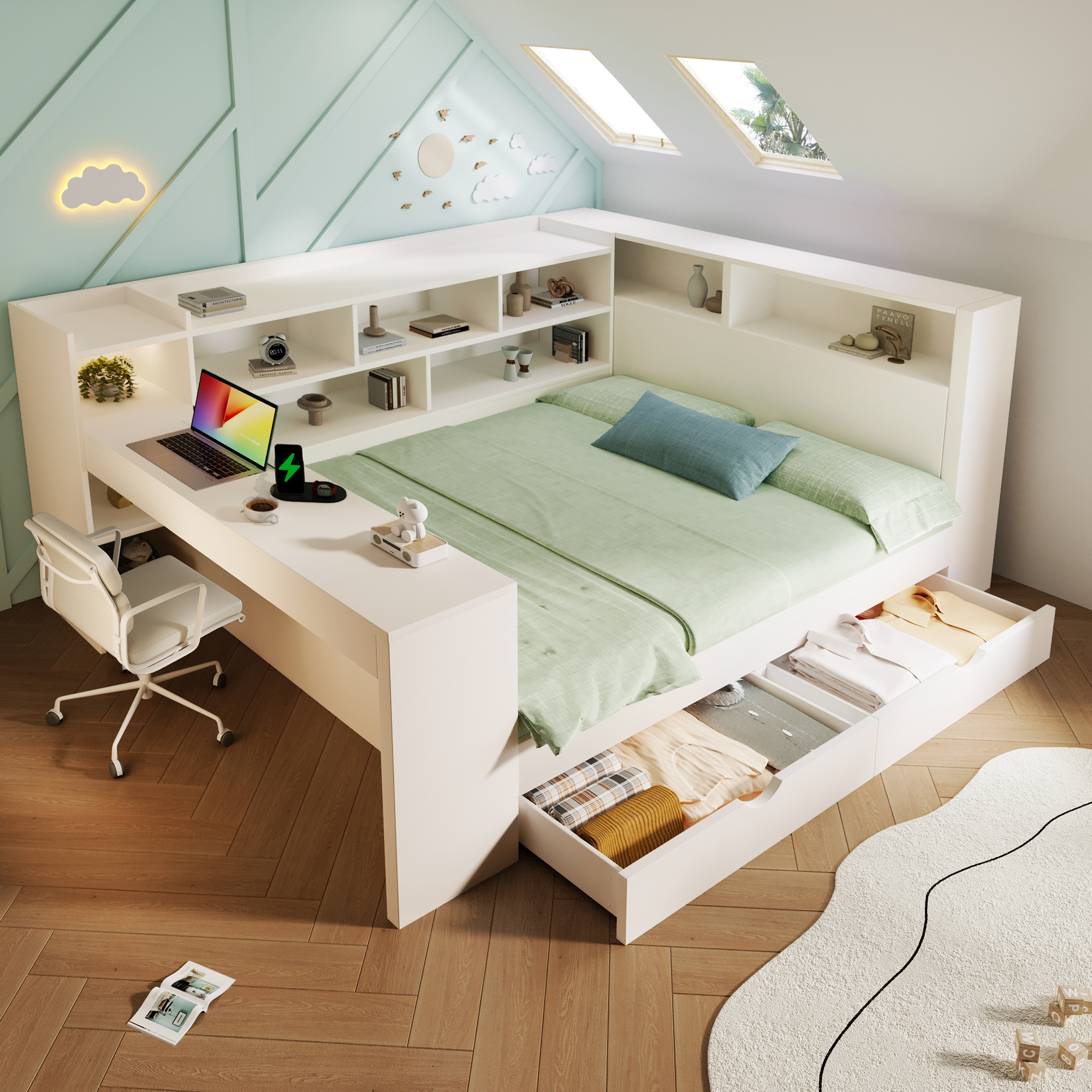 Double Daybed With Bookcase & Computer Desk, 4ft6 Sofa Bed With Storage, Drawers & USB Type-C Port, 135 X 190 Cm Multi-functional Wooden Bed Frame For Living Room Bedroom, White No Mattress - Image 1