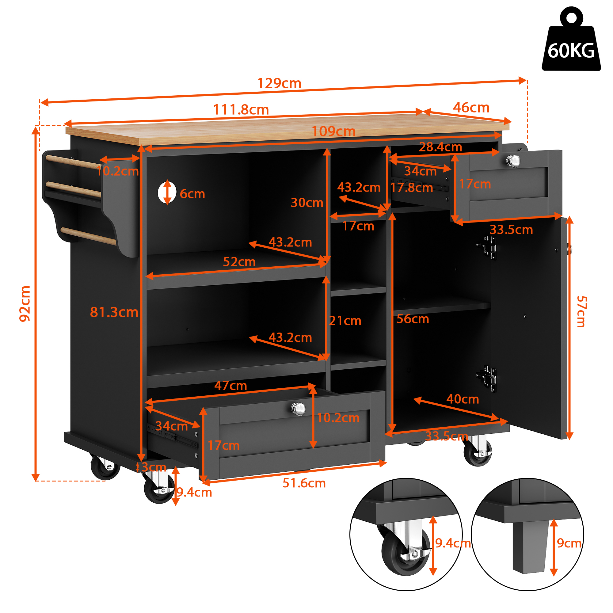 Dining Trolley 129 X 46 X 92 Cm, Modern And Simple Black Mobile Kitchen Dining Trolley With Drawers And Storage Cupboards, Light Brown Wooden Worktop, Suitable For Modern Families, Black