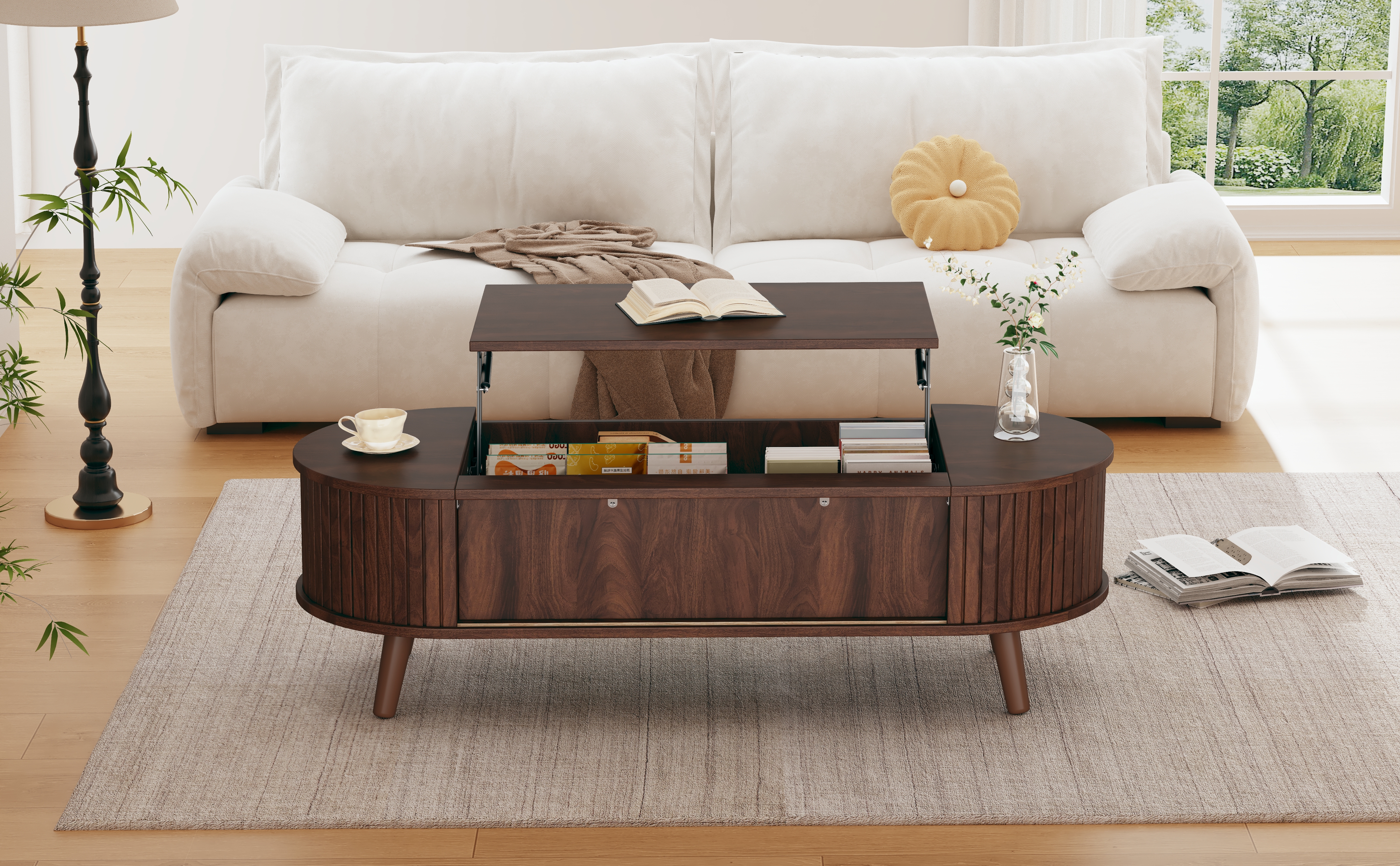 Lift Up Oval Coffee Table With Hidden Storage, Centre Lifting Sofa Side — image 2